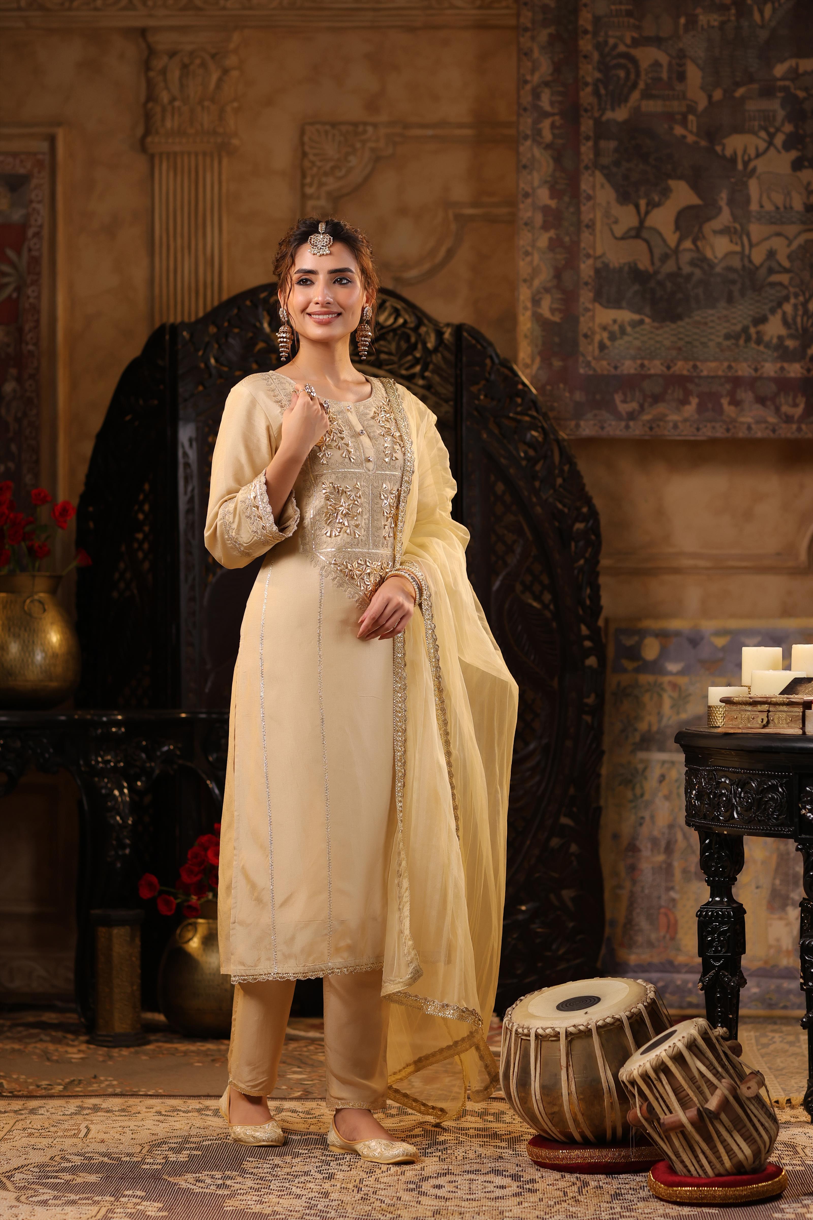 Beige Dupion Silk Gota-Dori Embroidered Suit Set