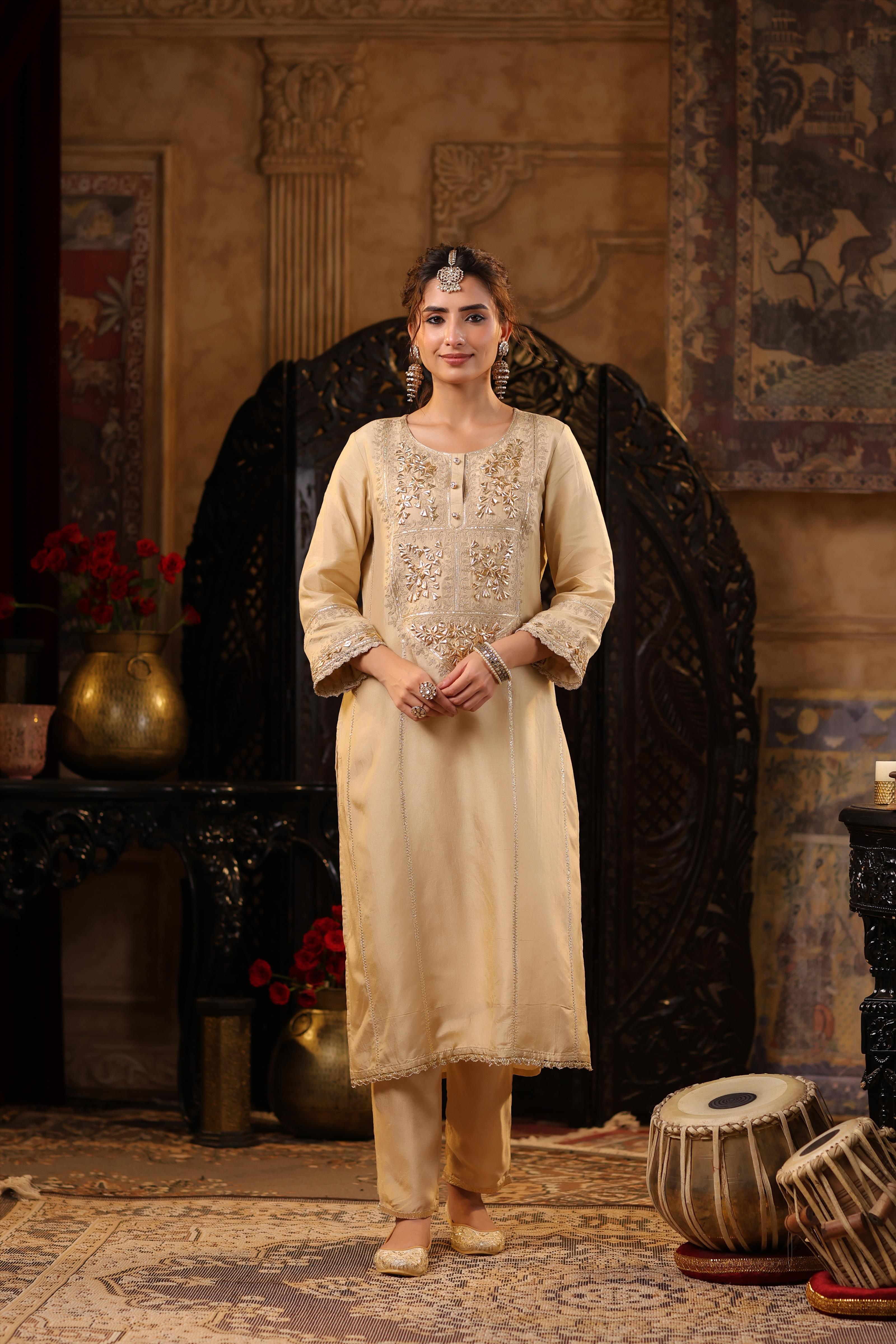 Beige Dupion Silk Gota-Dori Embroidered Suit Set