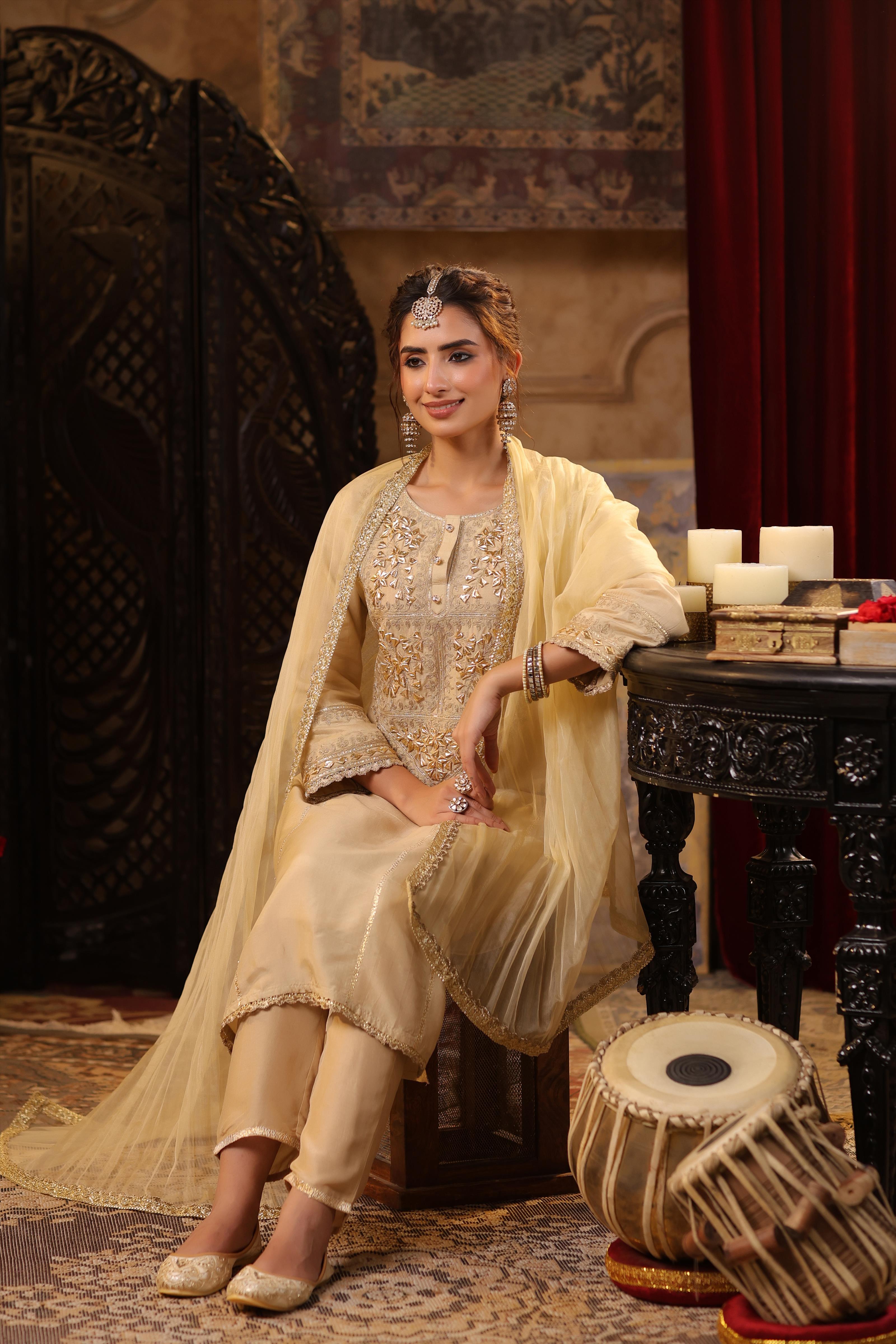 Beige Dupion Silk Gota-Dori Embroidered Suit Set