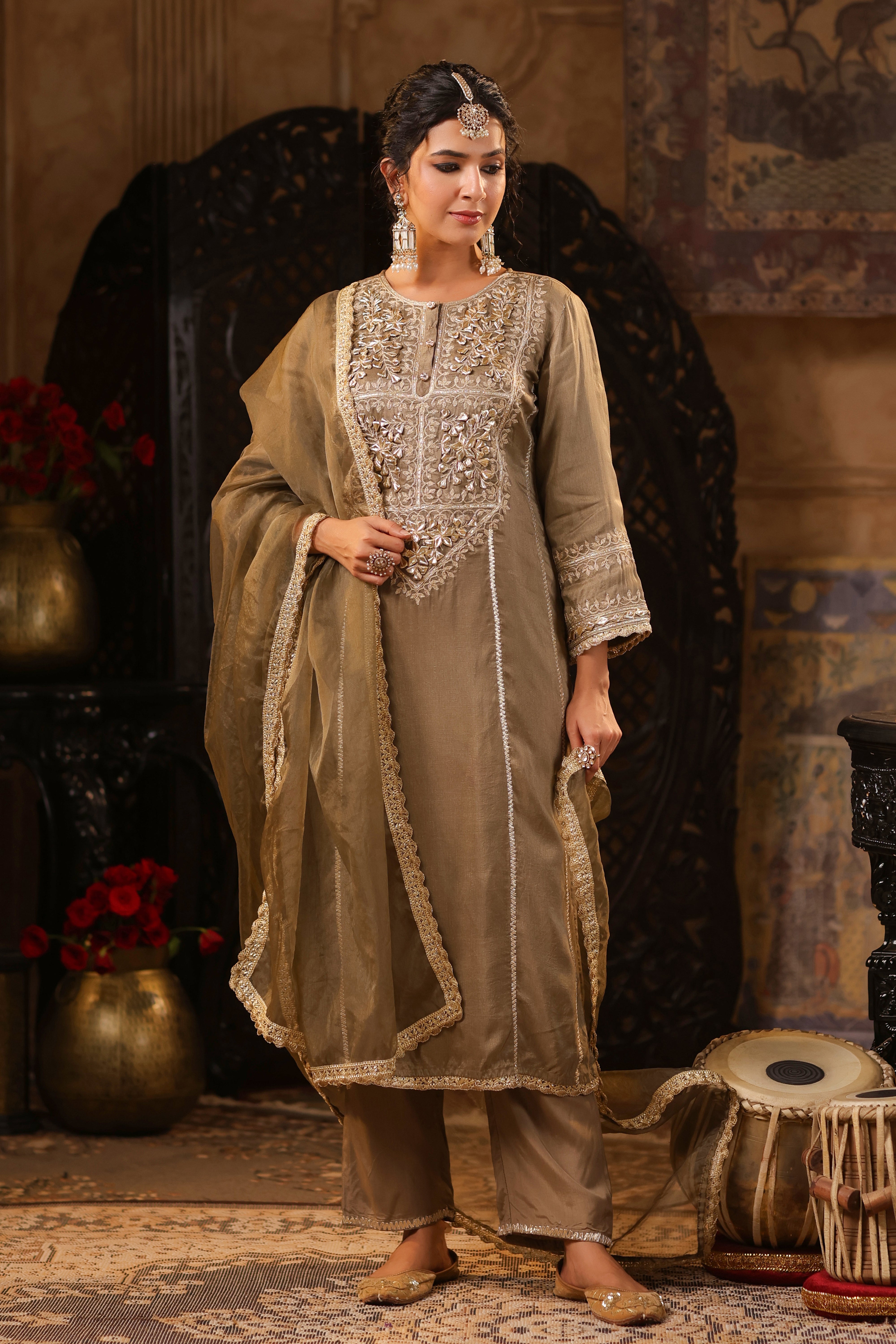 Taupe Dupion Silk Gota-Dori Embroidered Suit Set