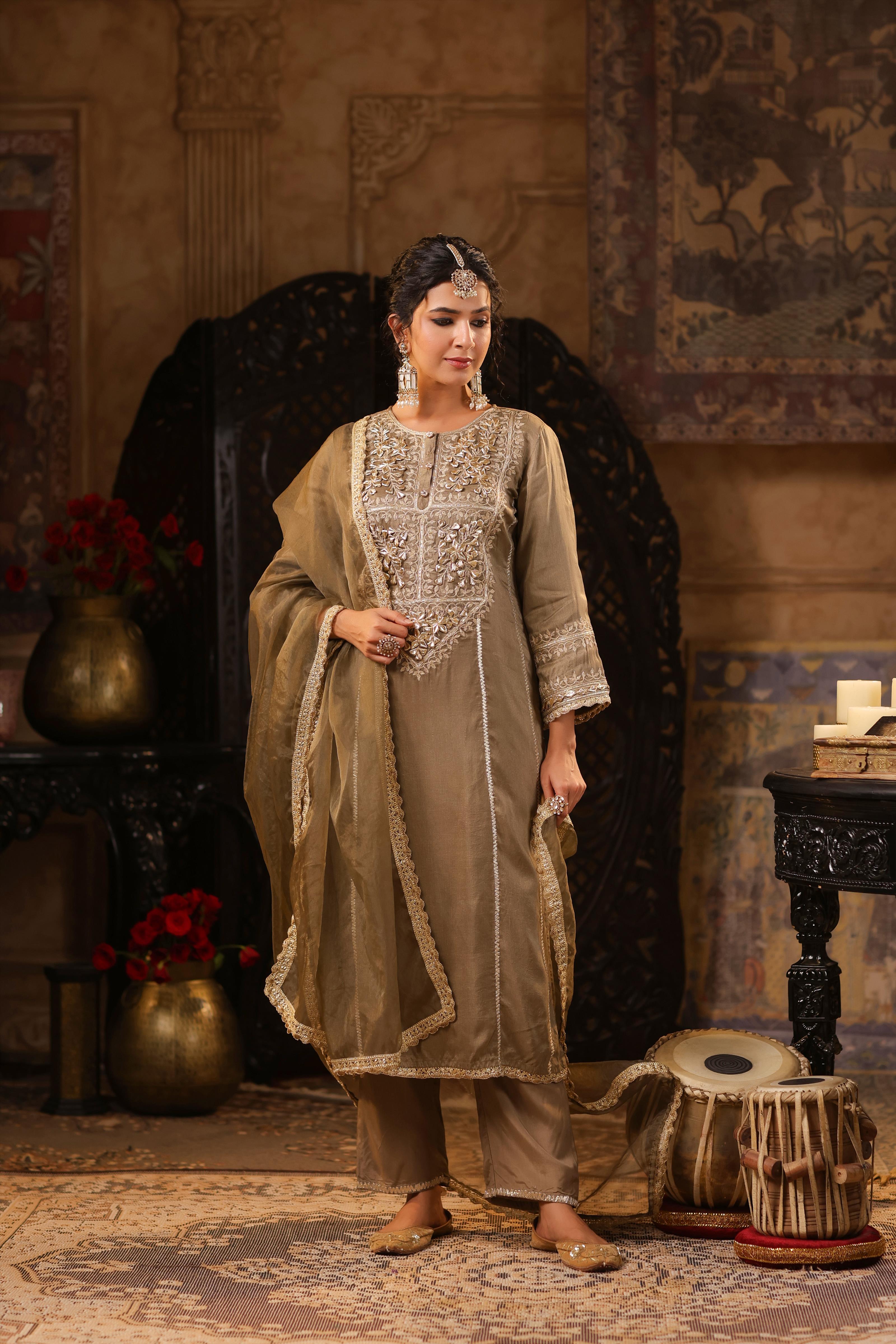 Taupe Dupion Silk Gota-Dori Embroidered Suit Set