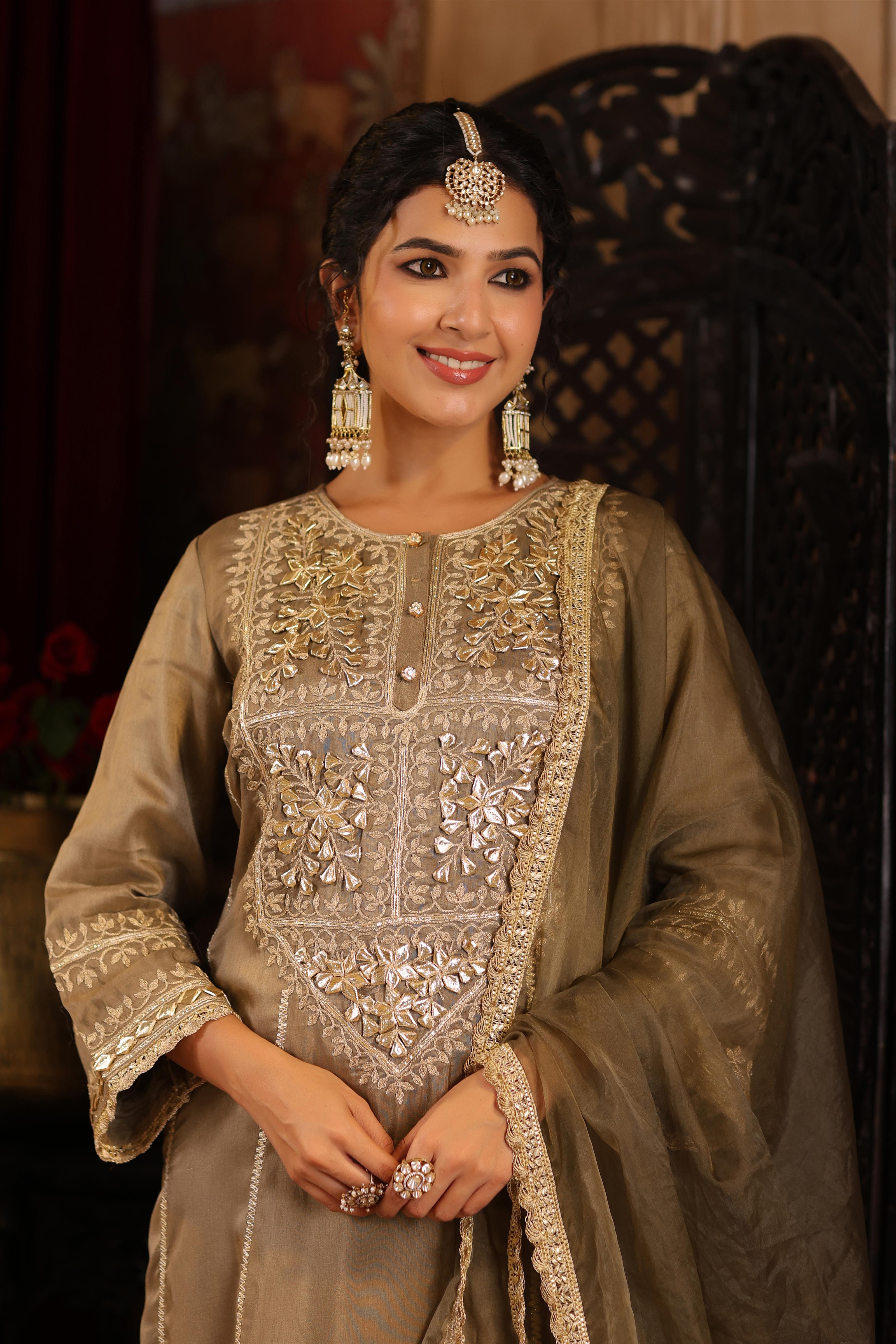 Taupe Dupion Silk Gota-Dori Embroidered Suit Set