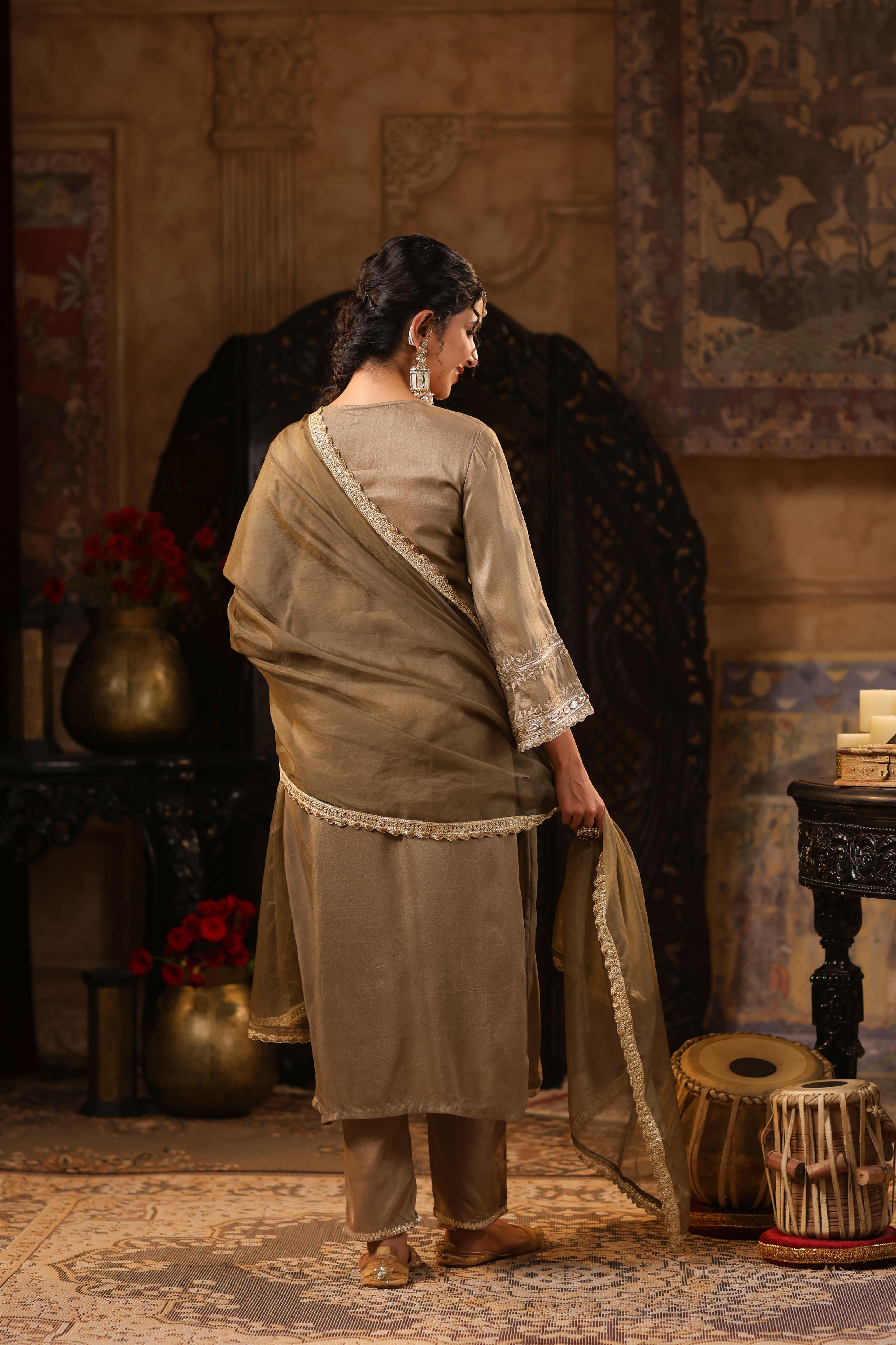 Taupe Dupion Silk Gota-Dori Embroidered Suit Set