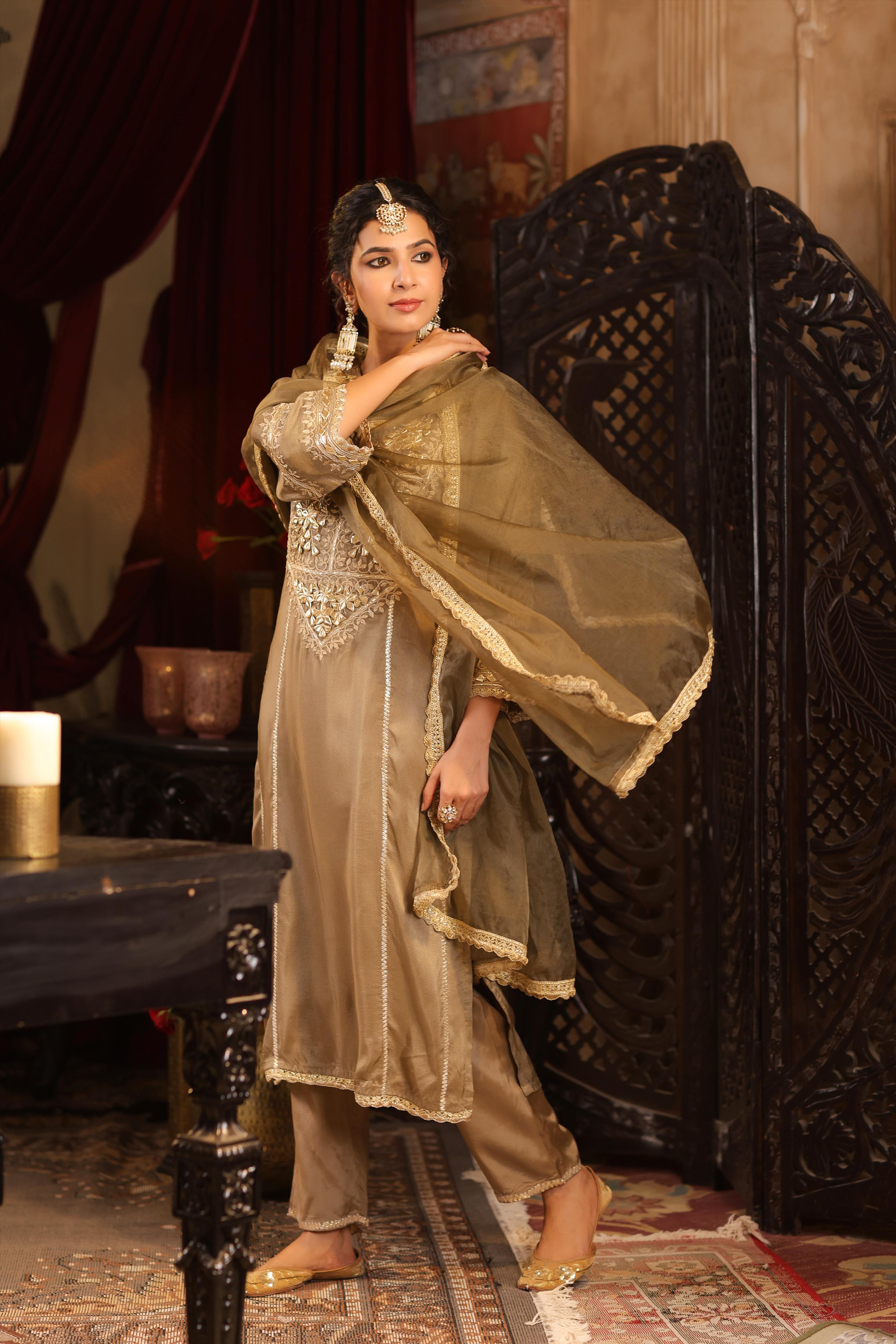 Taupe Dupion Silk Gota-Dori Embroidered Suit Set