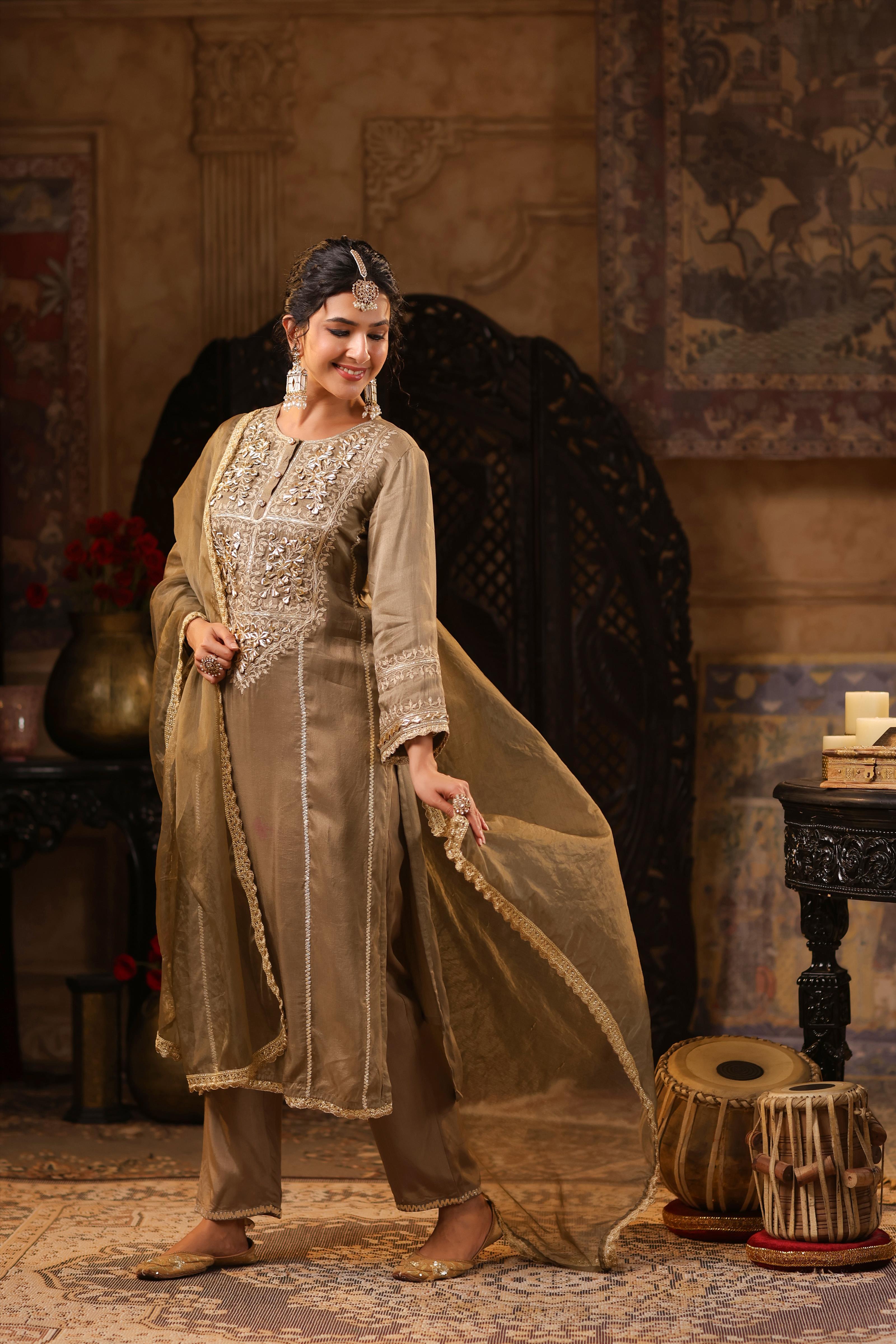 Taupe Dupion Silk Gota-Dori Embroidered Suit Set