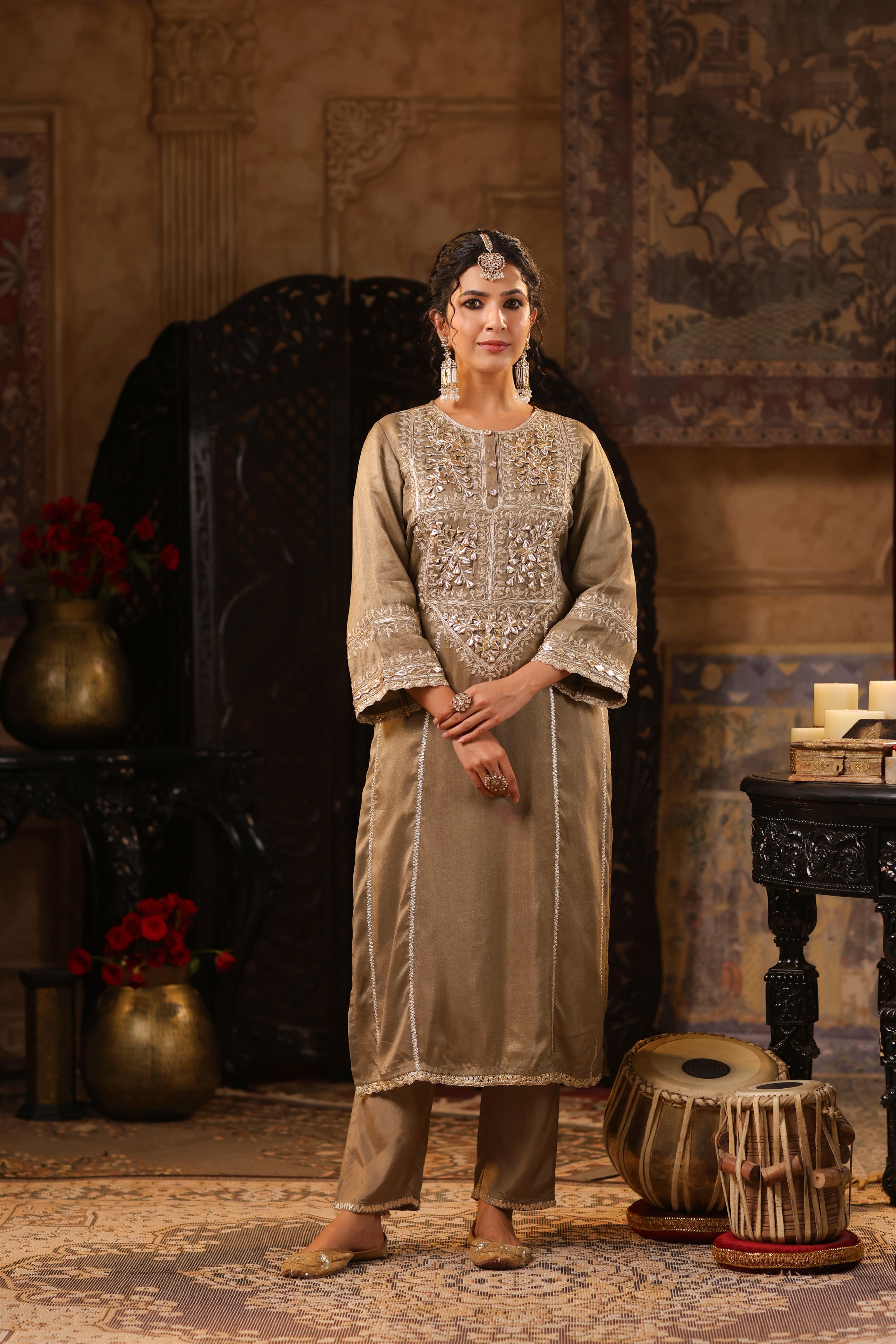 Taupe Dupion Silk Gota-Dori Embroidered Suit Set