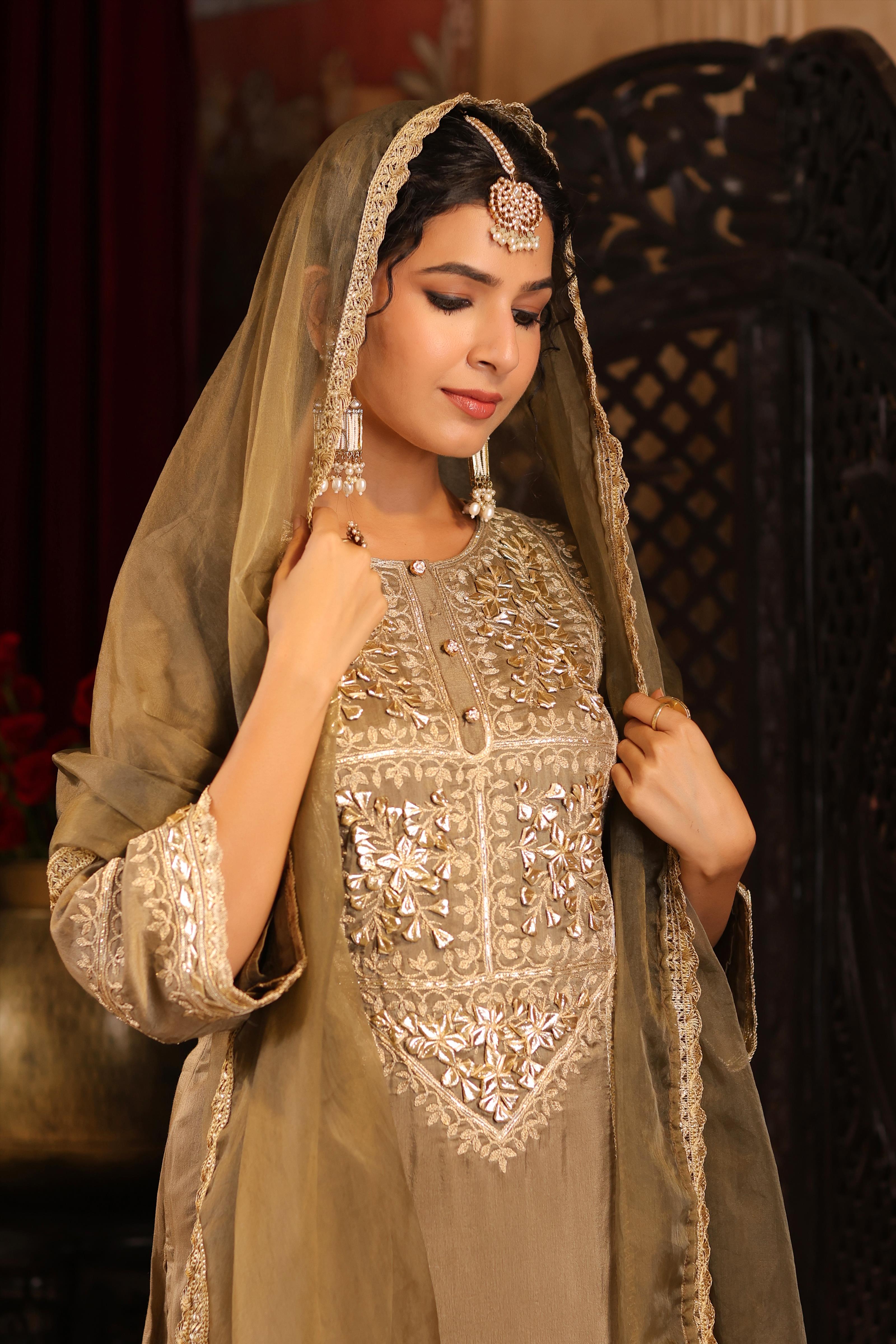 Taupe Dupion Silk Gota-Dori Embroidered Suit Set