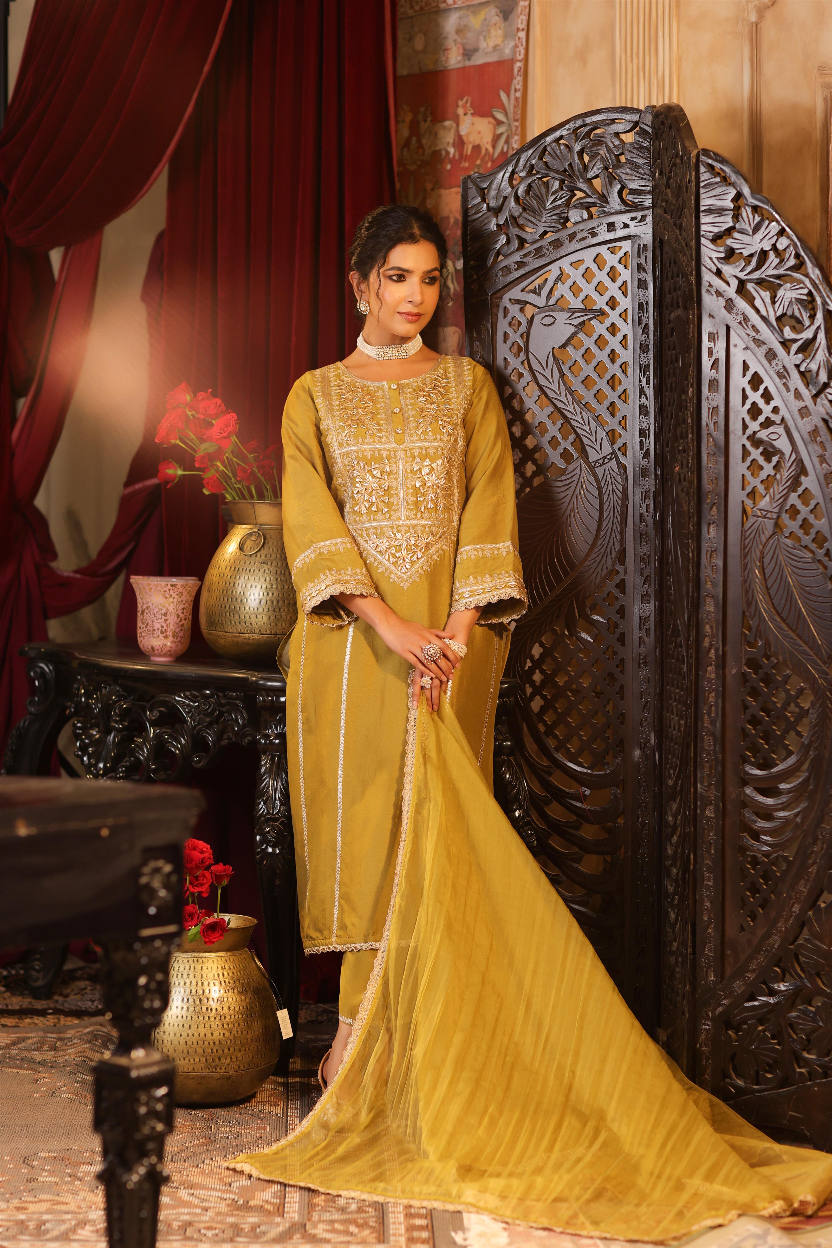 Olive Dupion Silk Gota-Dori Embroidered Suit Set