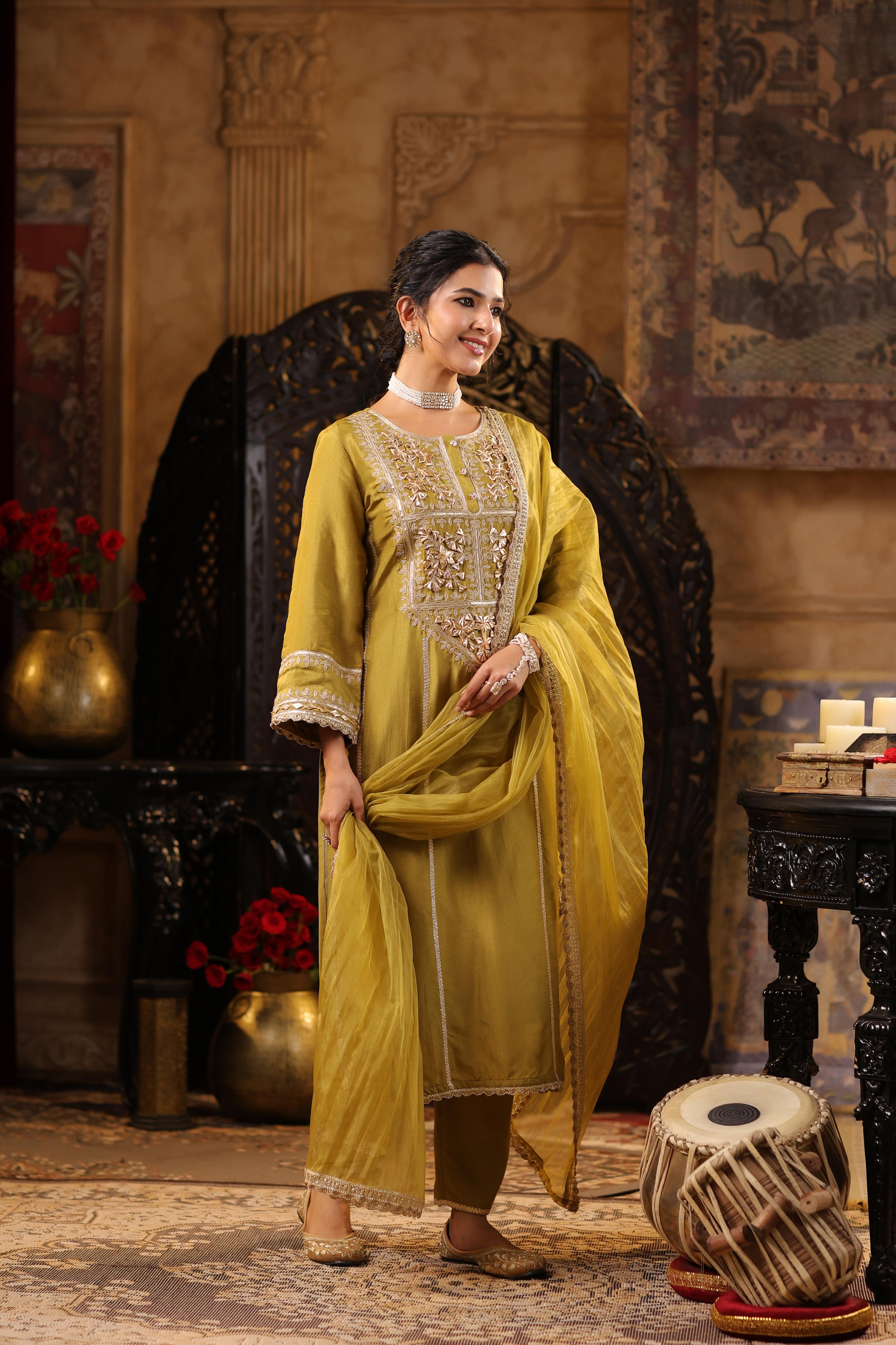 Olive Dupion Silk Gota-Dori Embroidered Suit Set