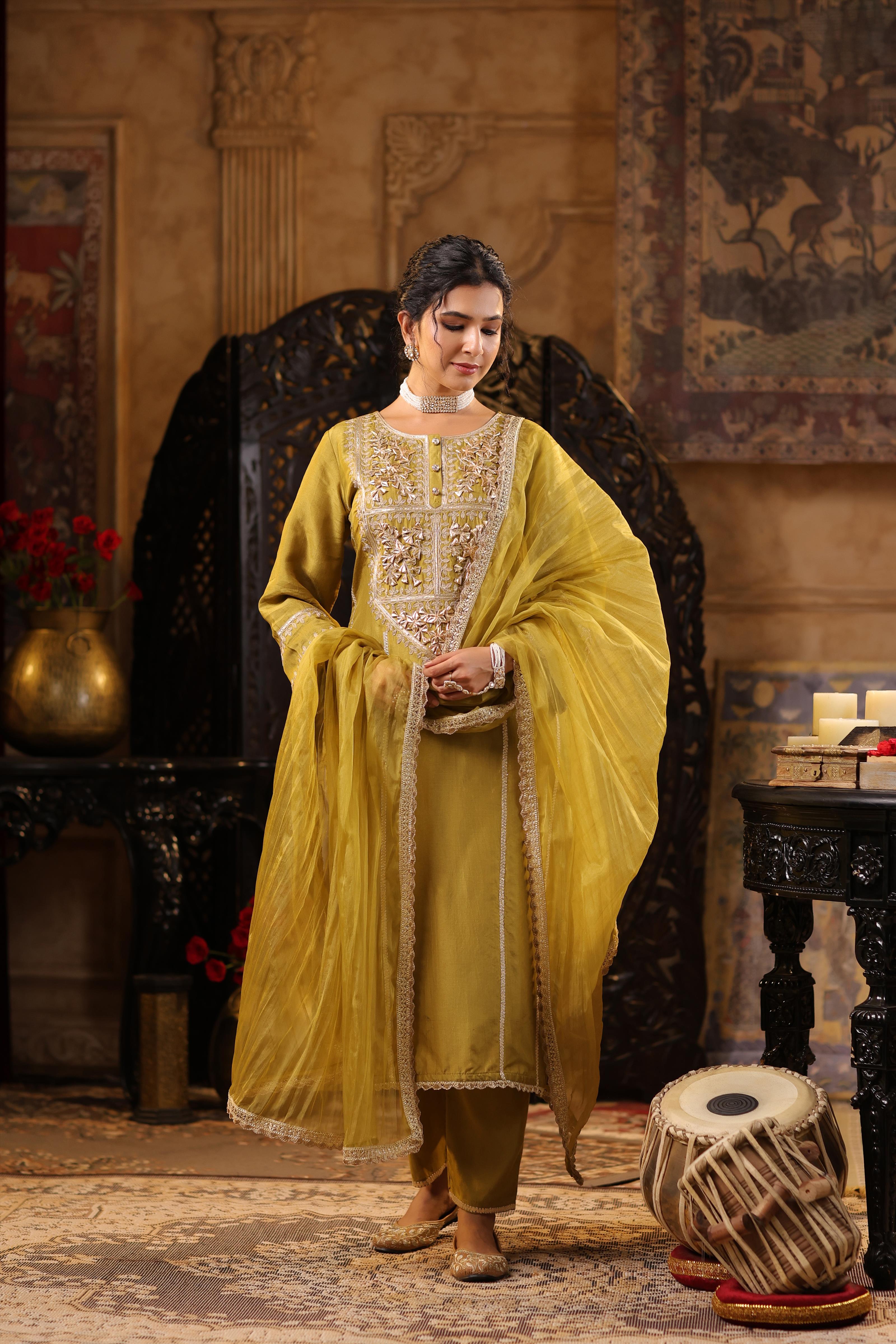 Olive Dupion Silk Gota-Dori Embroidered Suit Set