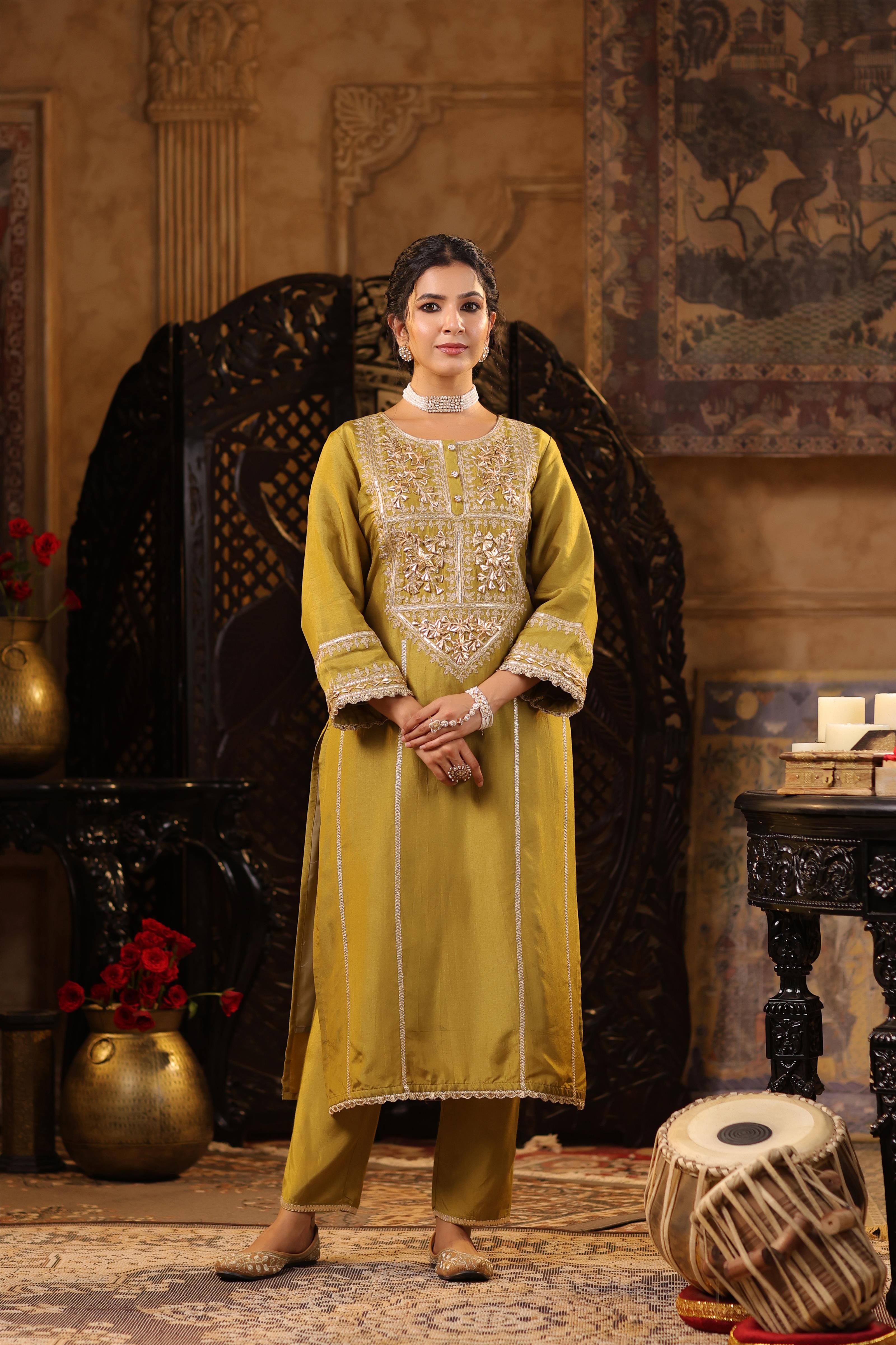 Olive Dupion Silk Gota-Dori Embroidered Suit Set