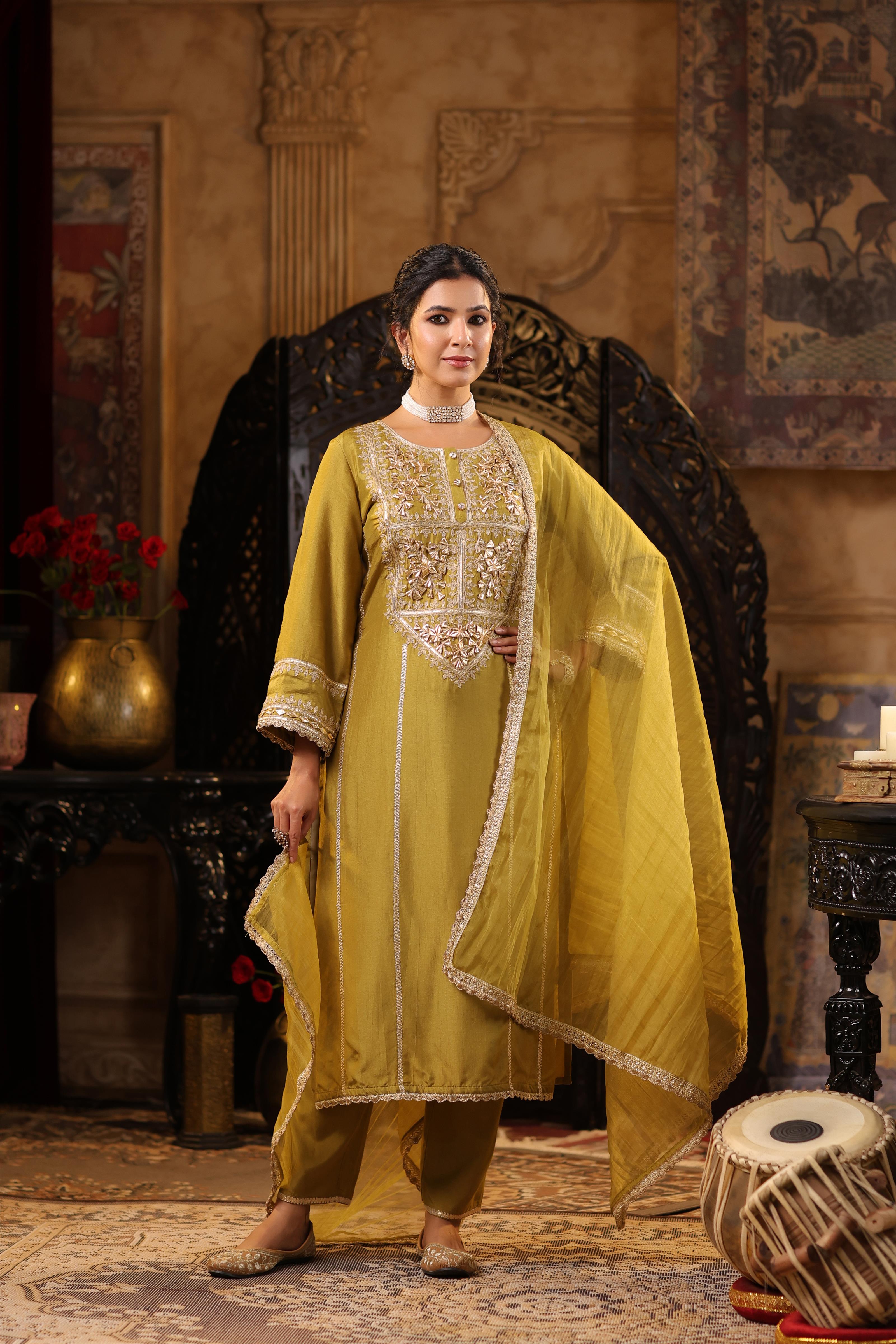 Olive Dupion Silk Gota-Dori Embroidered Suit Set