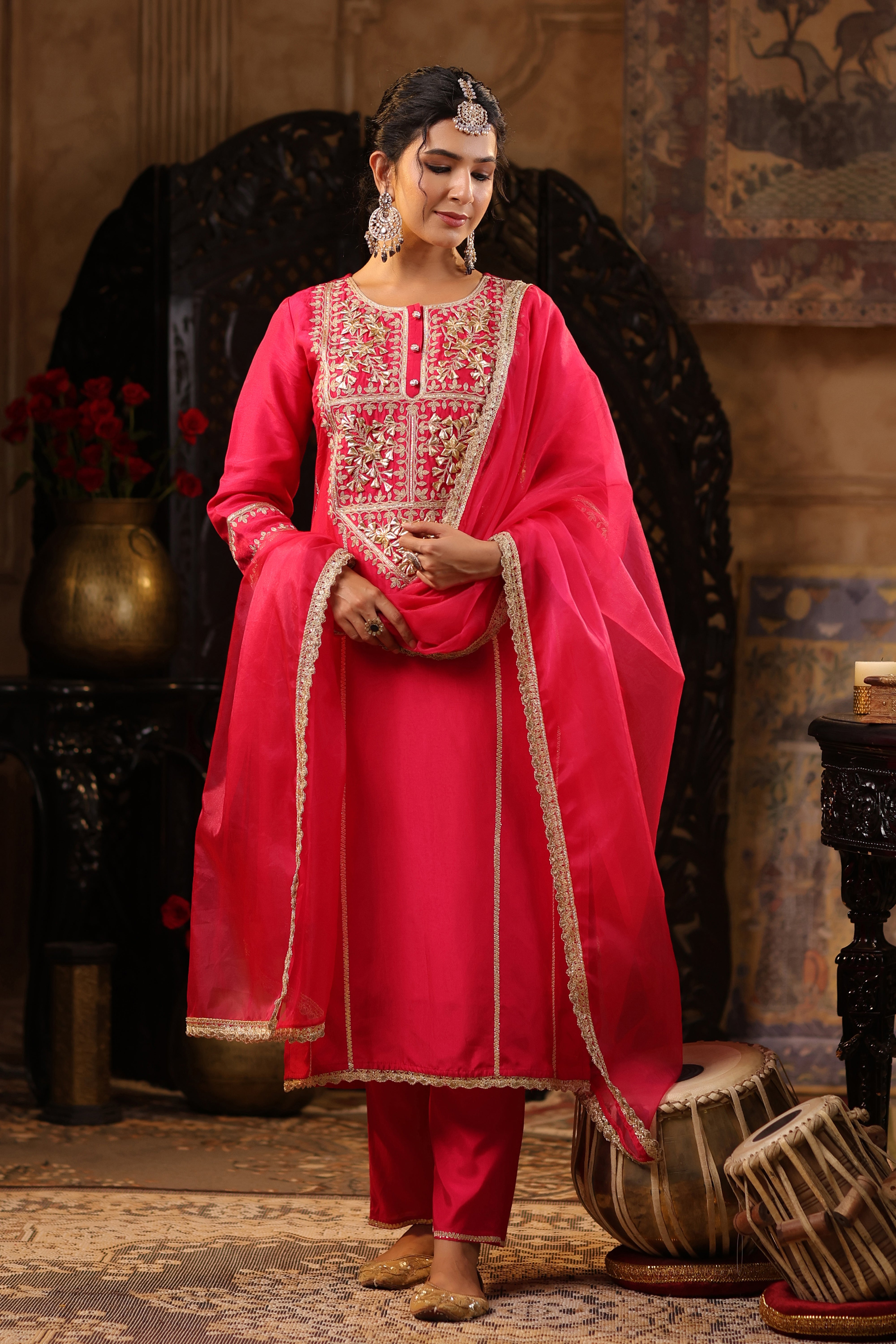 Fuchsia Dupion Silk Gota-Dori Embroidered Suit Set