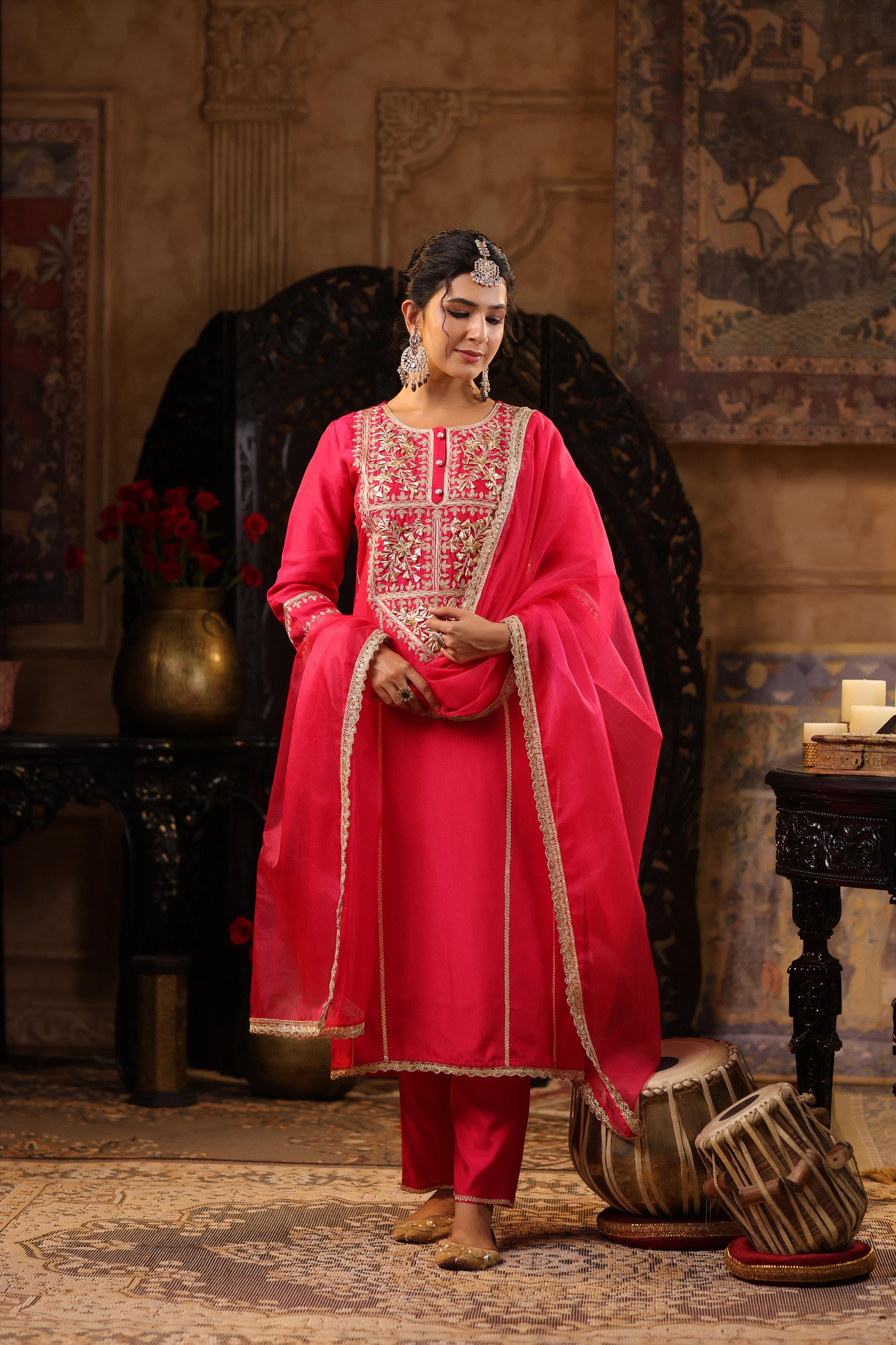 Fuchsia Dupion Silk Gota-Dori Embroidered Suit Set