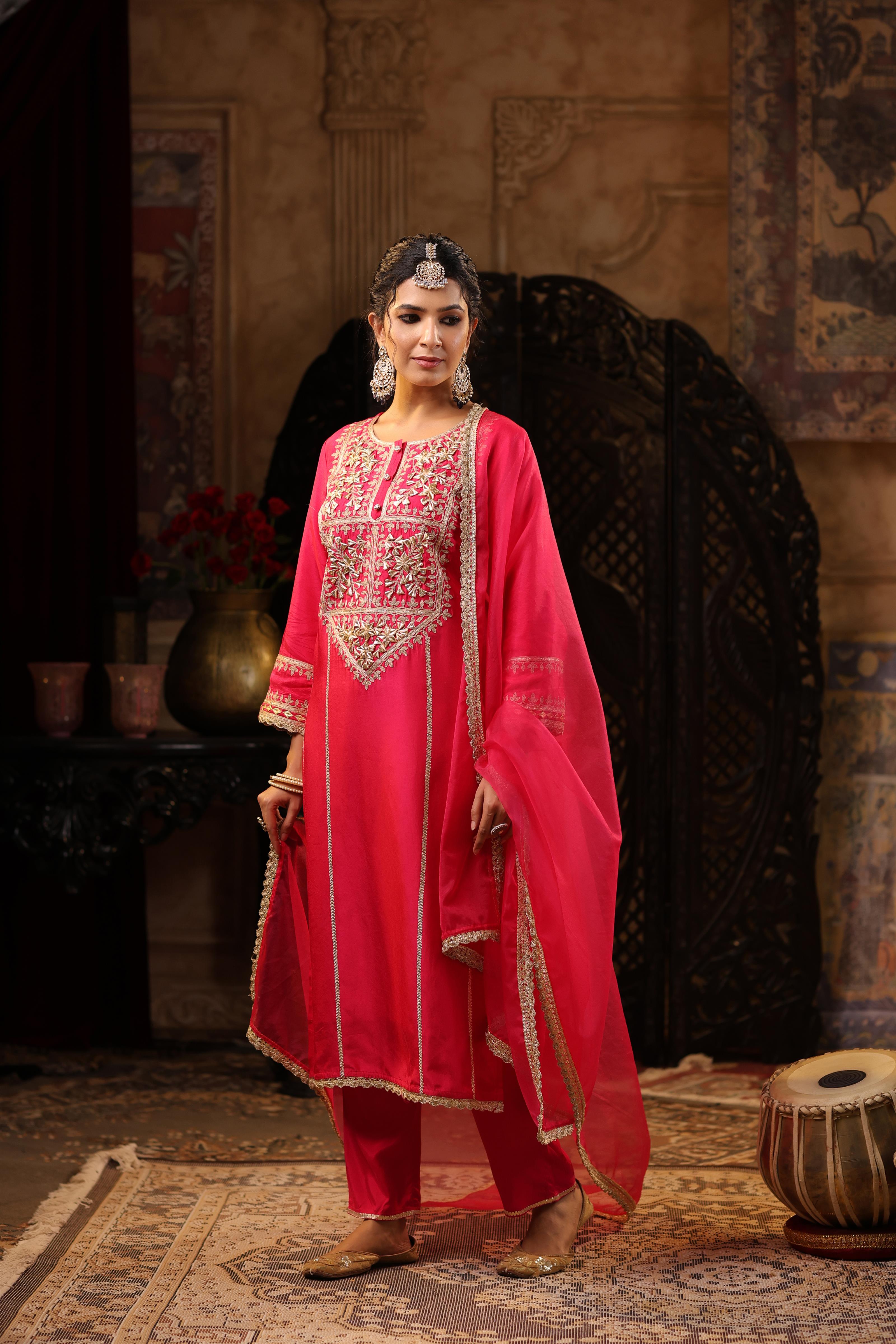 Fuchsia Dupion Silk Gota-Dori Embroidered Suit Set