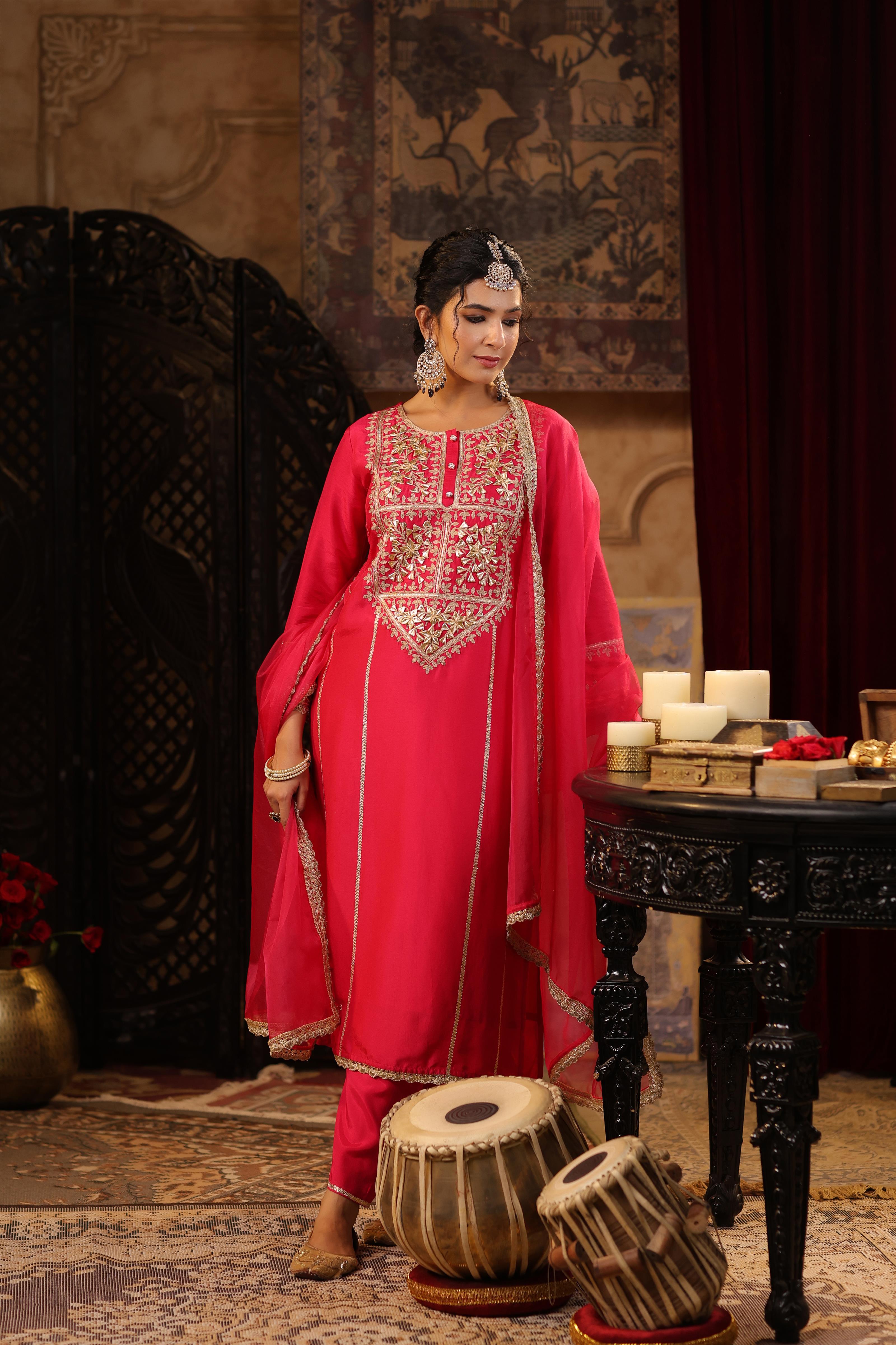 Fuchsia Dupion Silk Gota-Dori Embroidered Suit Set