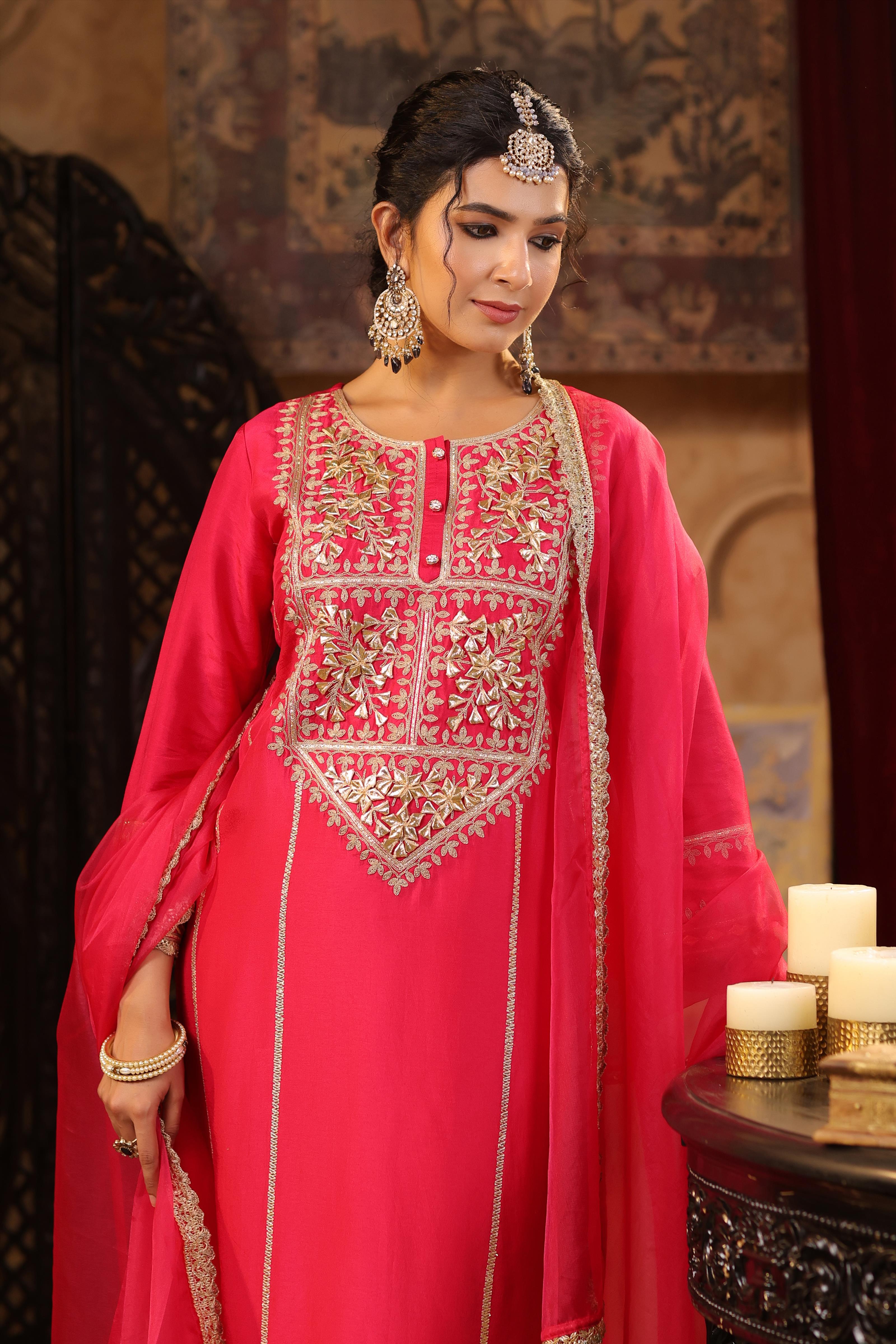 Fuchsia Dupion Silk Gota-Dori Embroidered Suit Set