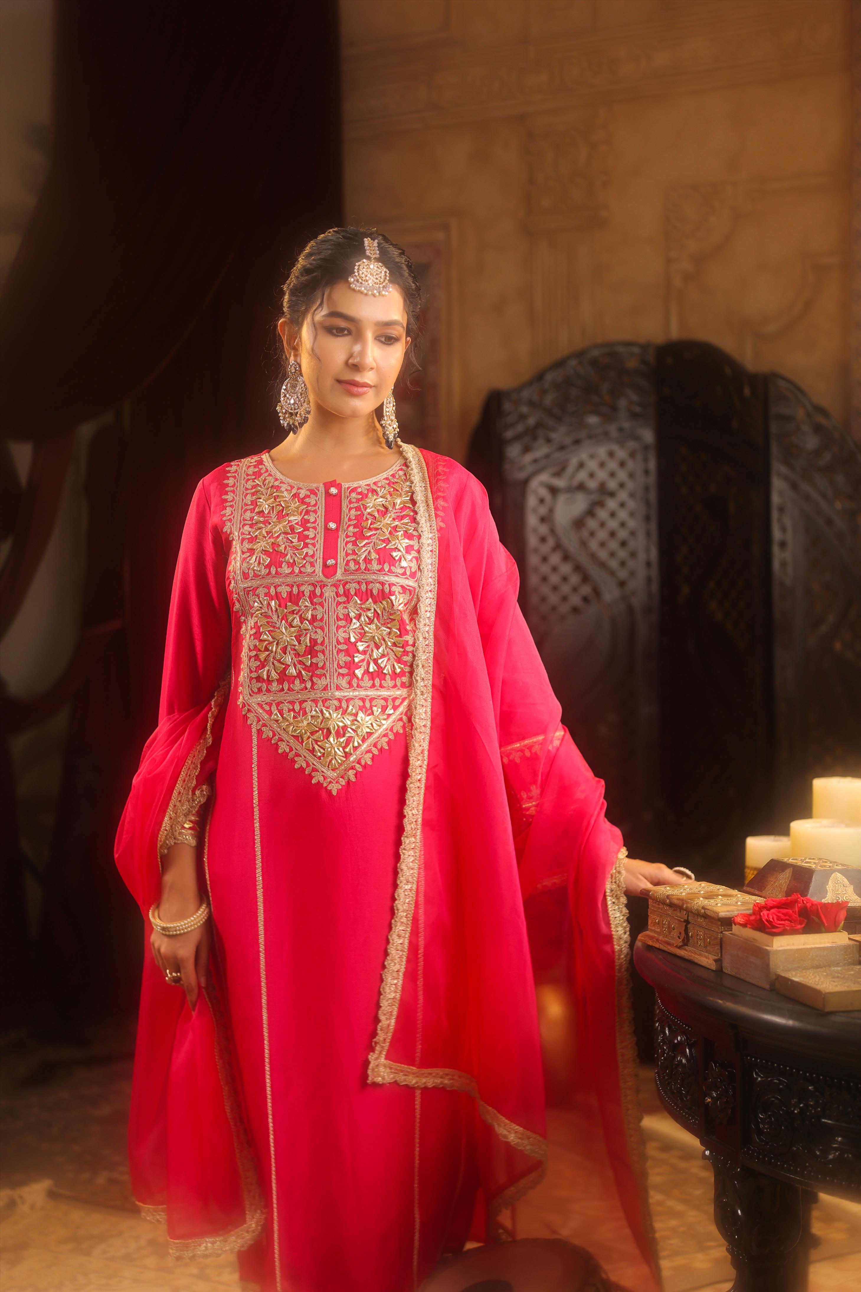 Fuchsia Dupion Silk Gota-Dori Embroidered Suit Set