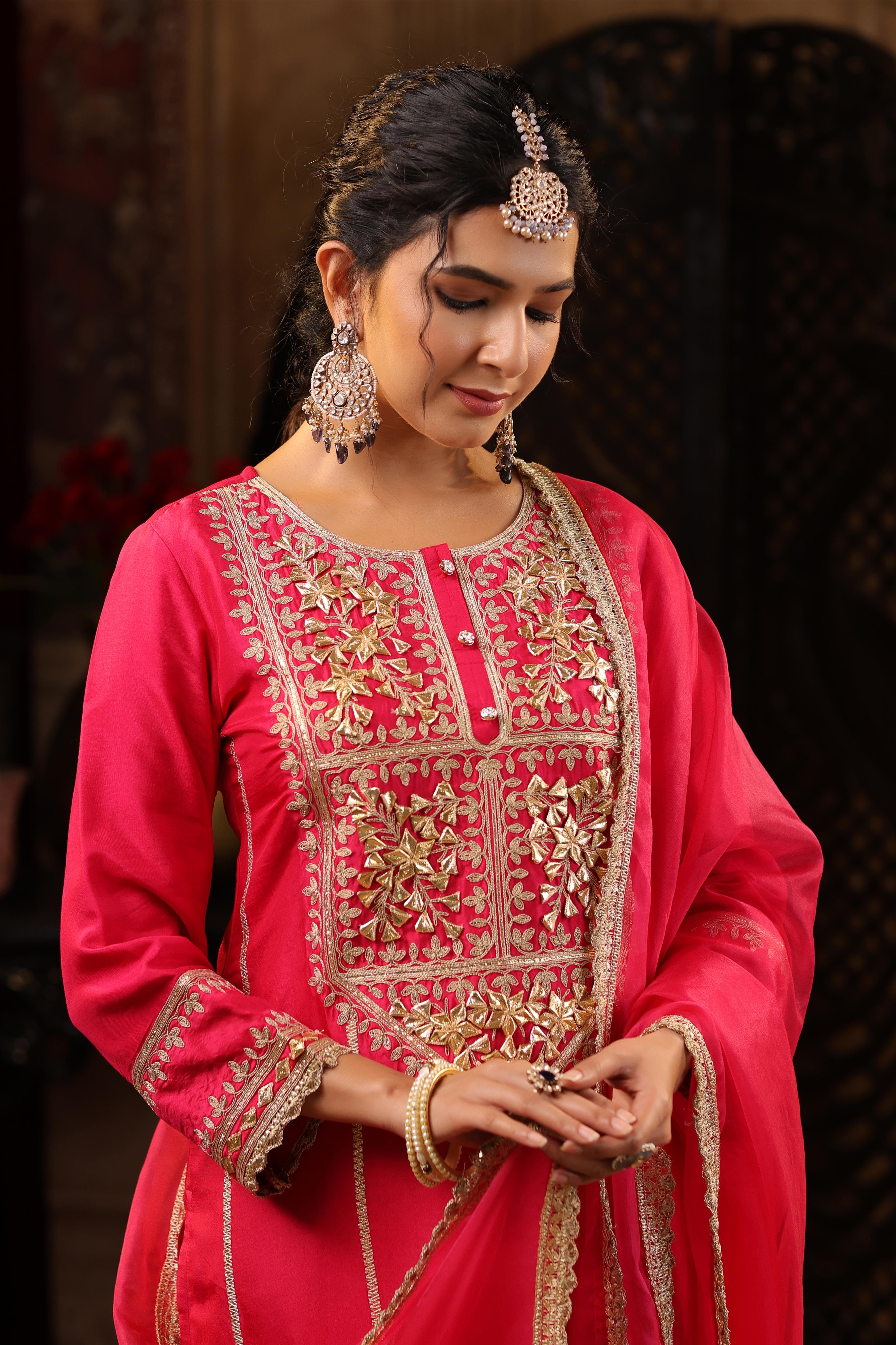 Fuchsia Dupion Silk Gota-Dori Embroidered Suit Set