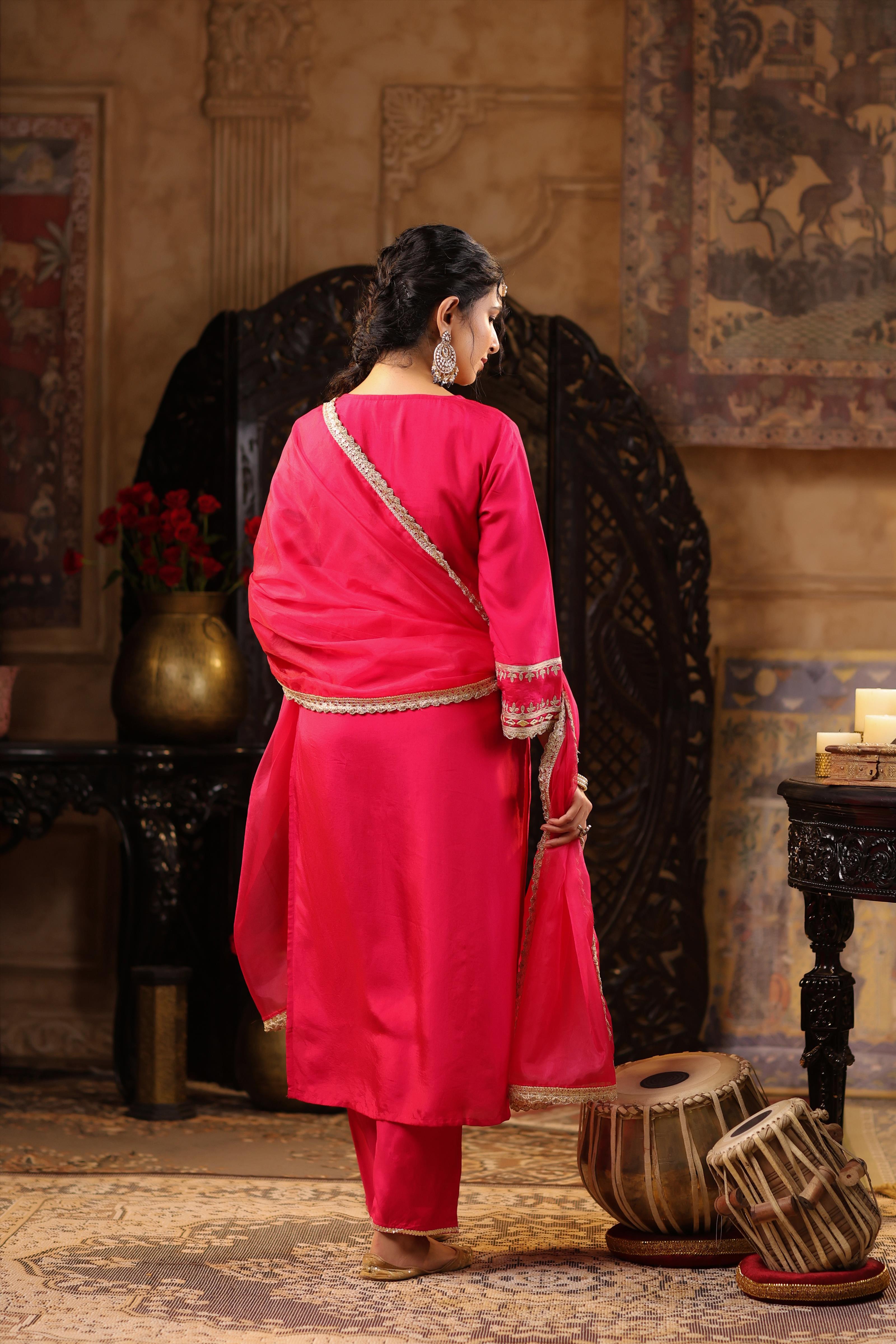 Fuchsia Dupion Silk Gota-Dori Embroidered Suit Set