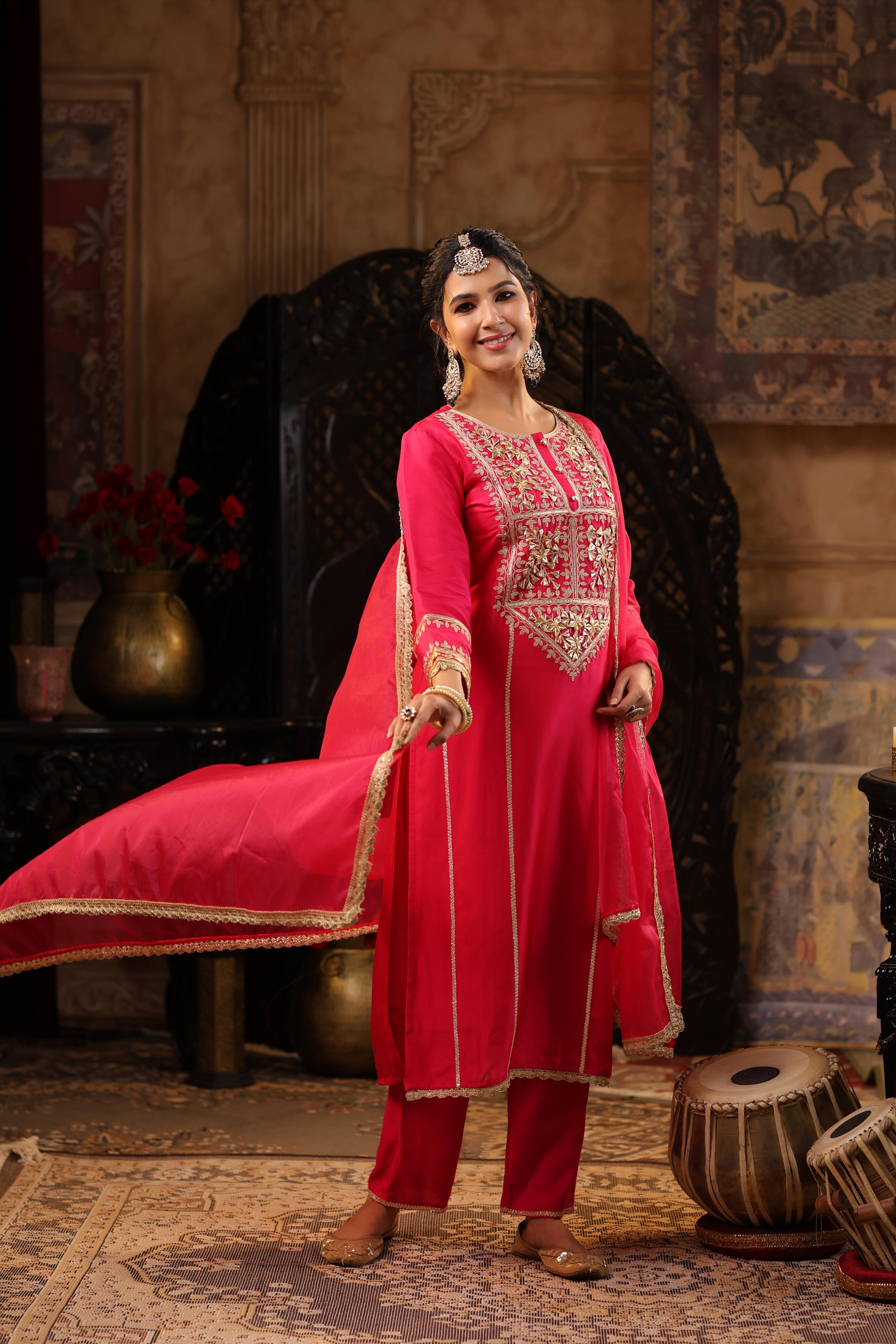 Fuchsia Dupion Silk Gota-Dori Embroidered Suit Set