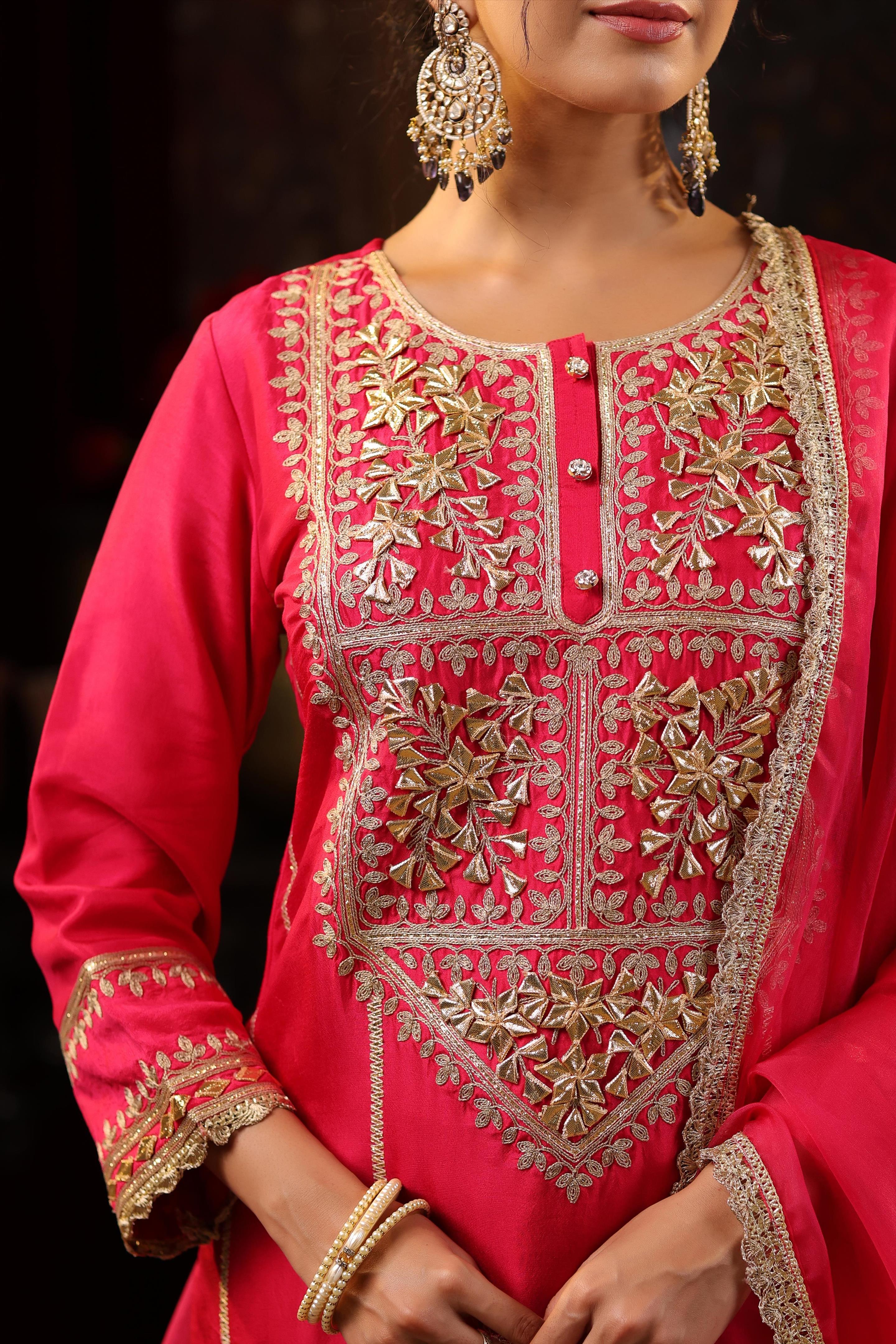 Fuchsia Dupion Silk Gota-Dori Embroidered Suit Set