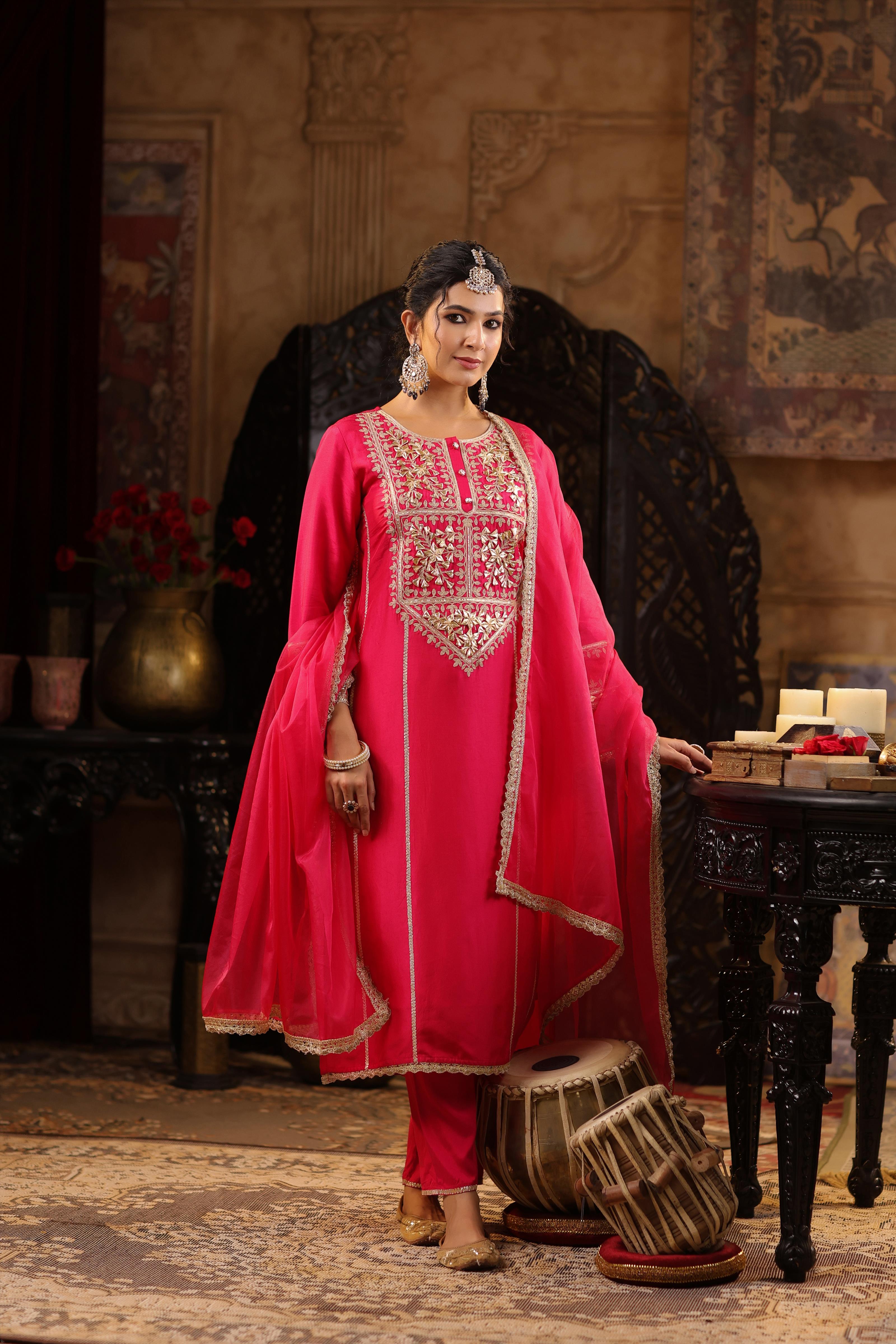 Fuchsia Dupion Silk Gota-Dori Embroidered Suit Set