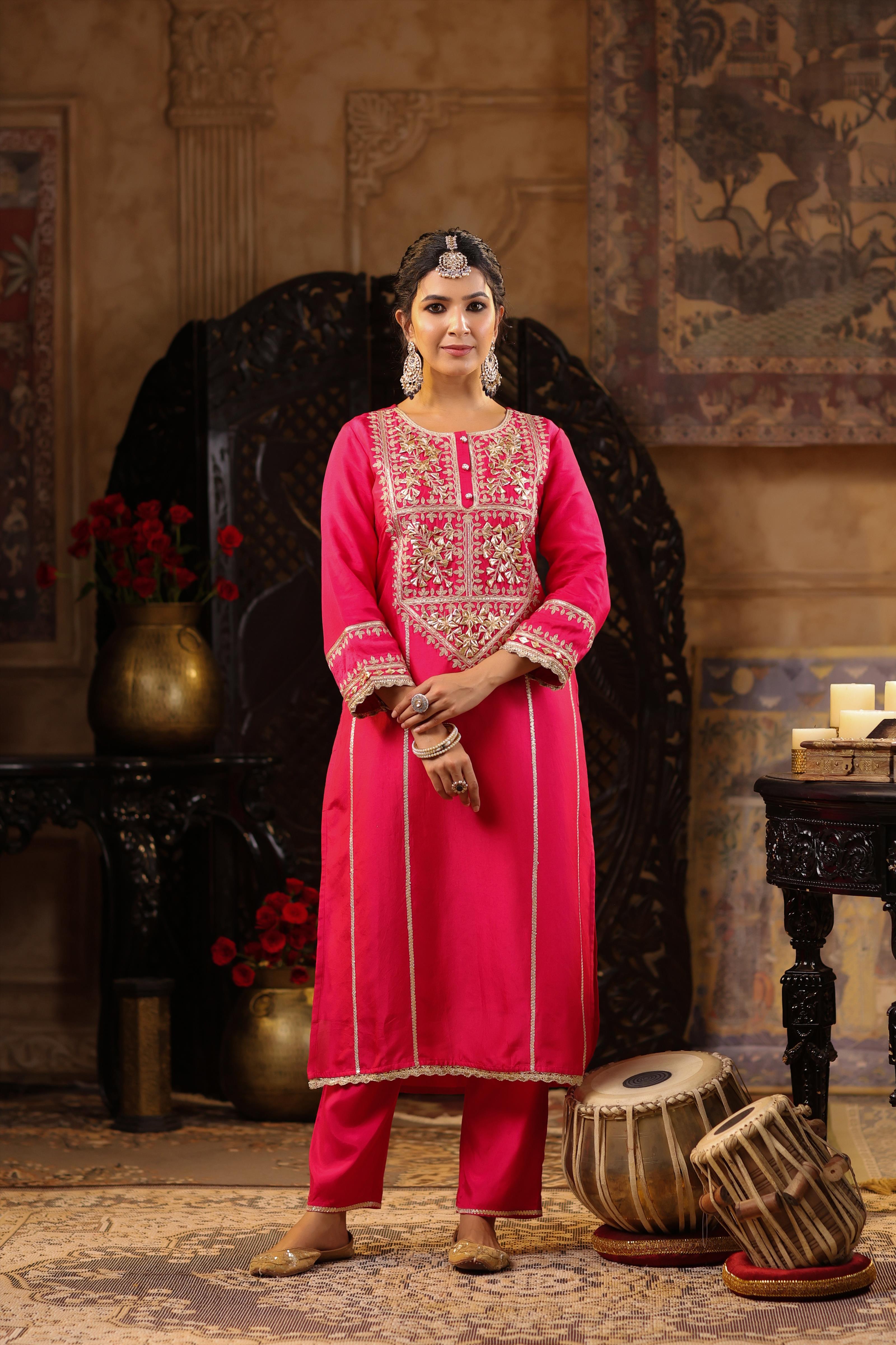 Fuchsia Dupion Silk Gota-Dori Embroidered Suit Set