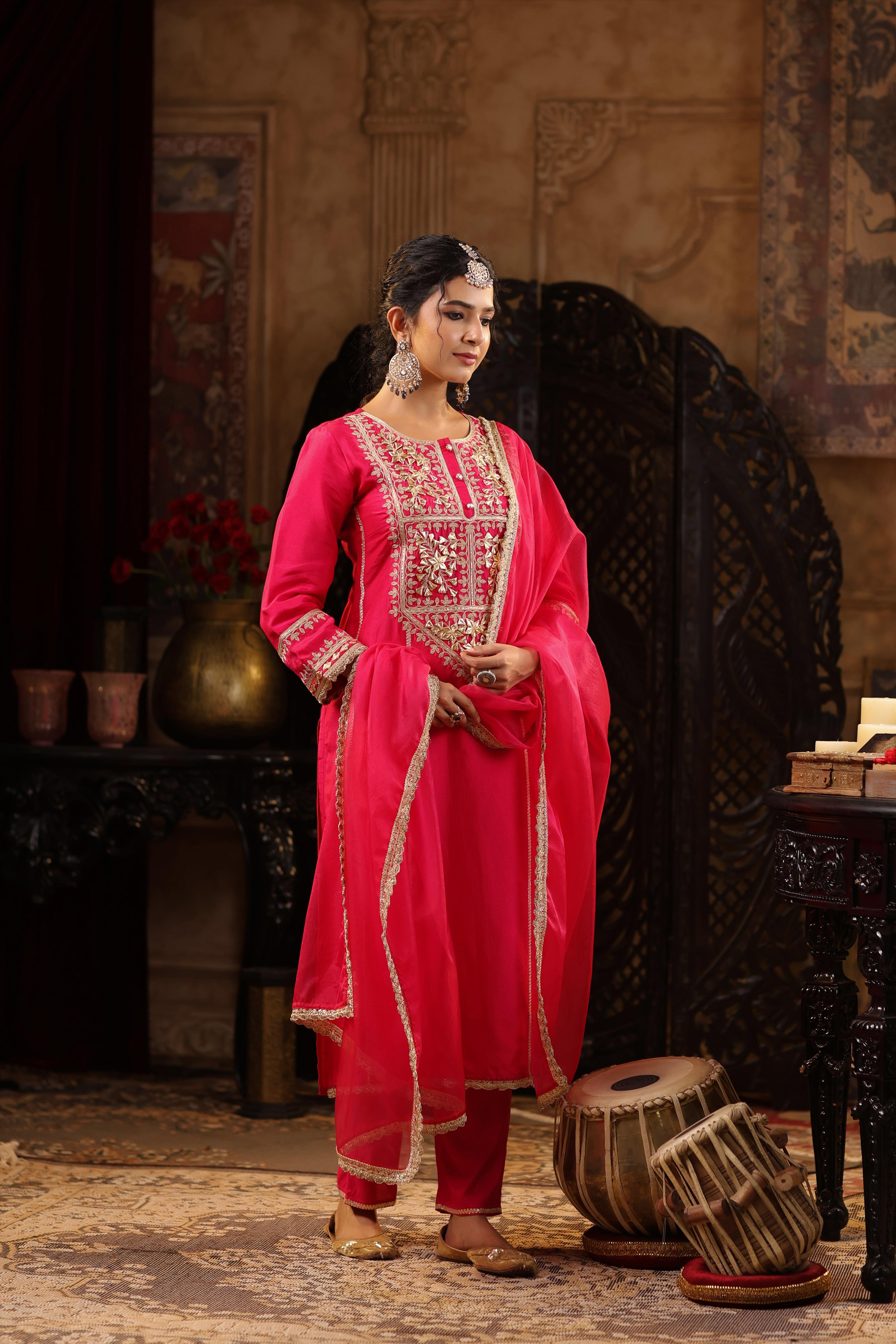 Fuchsia Dupion Silk Gota-Dori Embroidered Suit Set