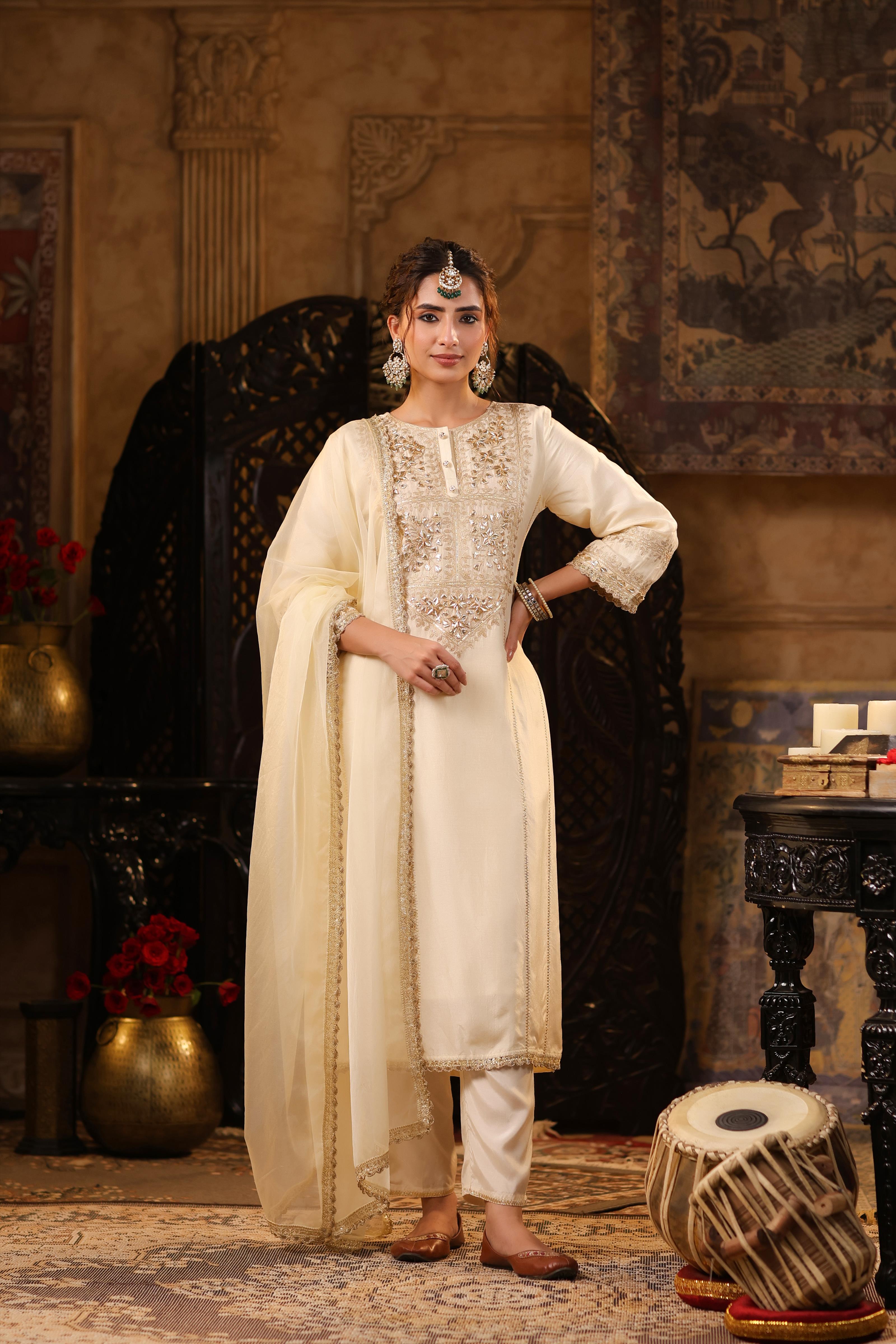 Ivory Dupion Silk Gota-Dori Embroidered Suit Set