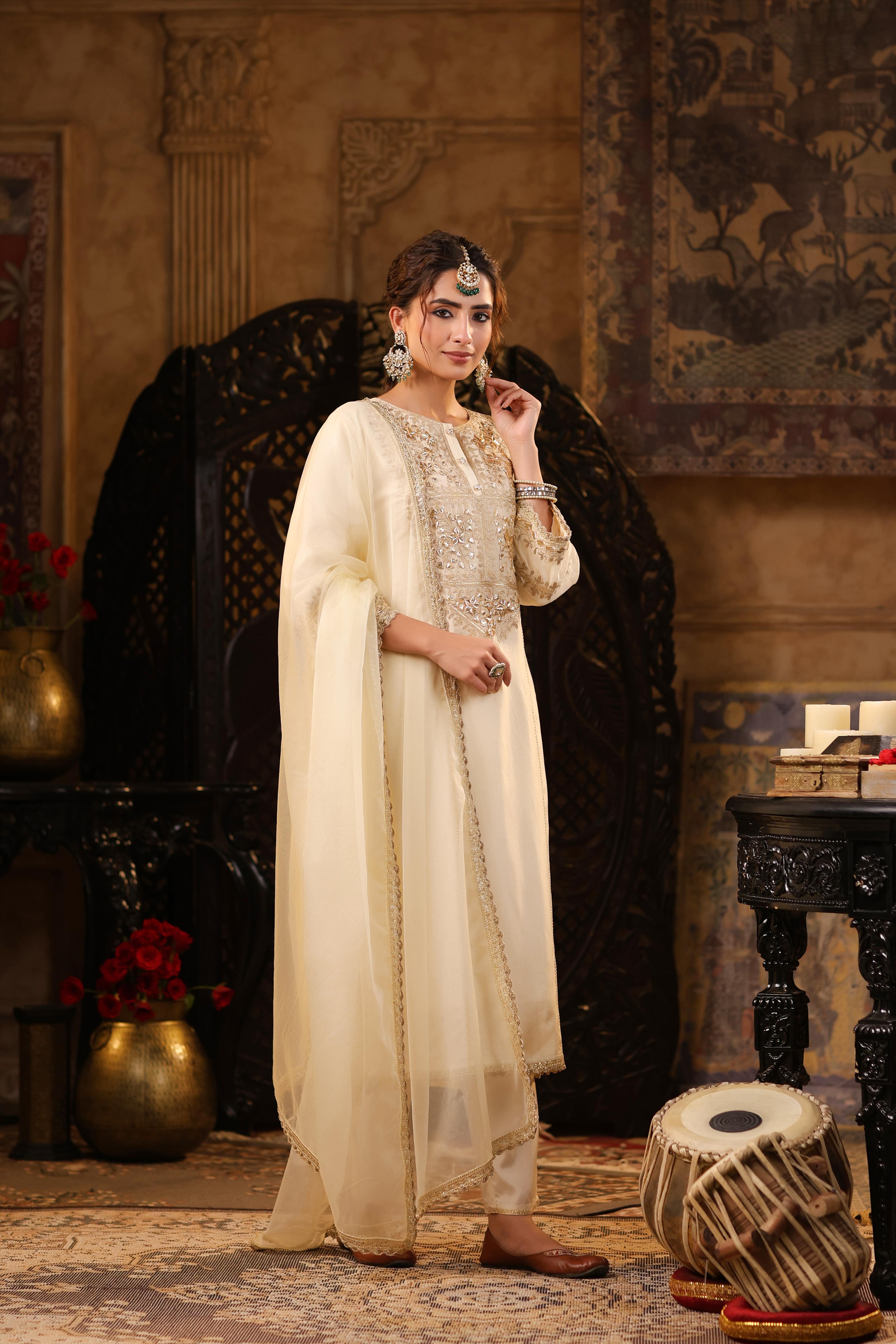 Ivory Dupion Silk Gota-Dori Embroidered Suit Set