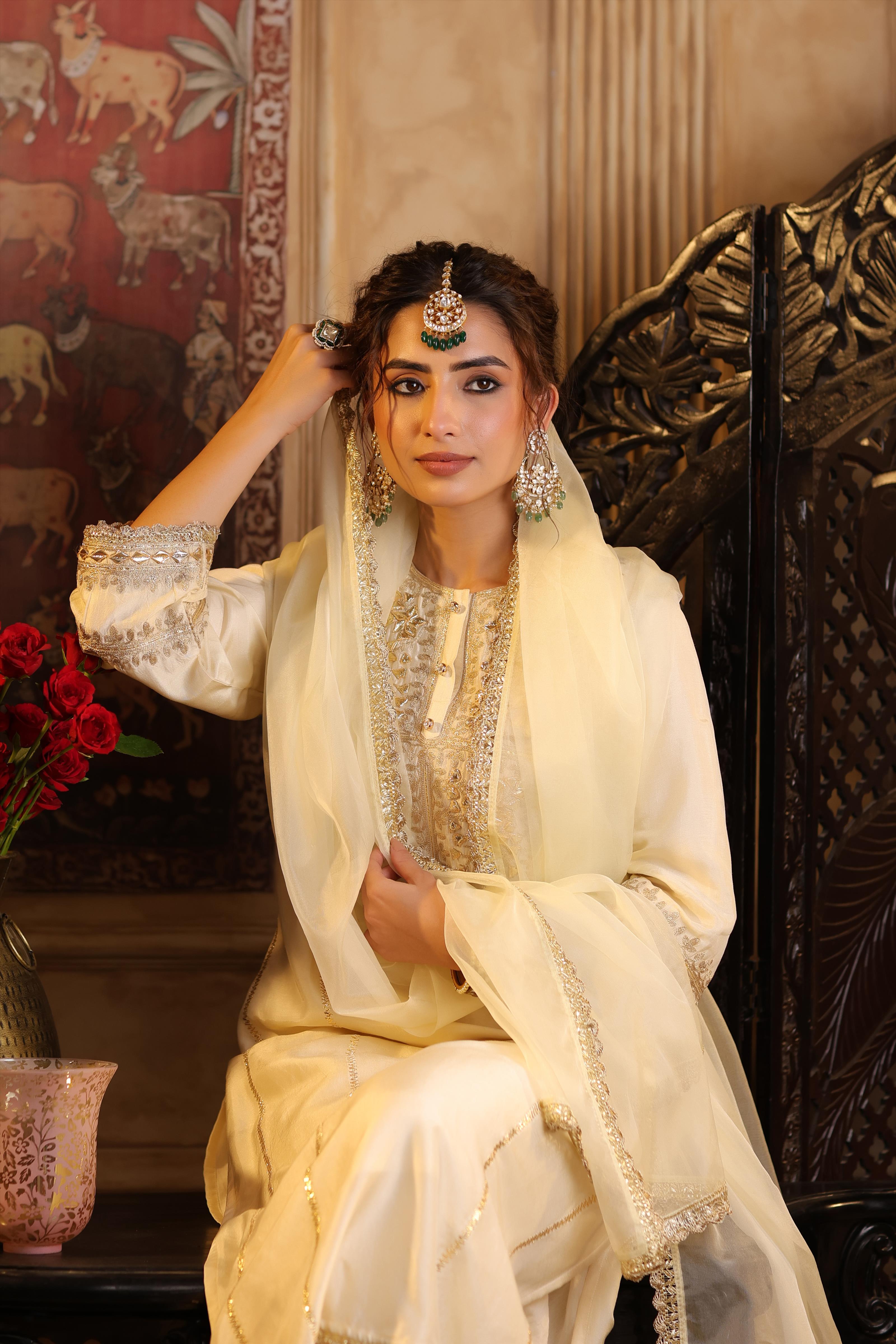 Ivory Dupion Silk Gota-Dori Embroidered Suit Set