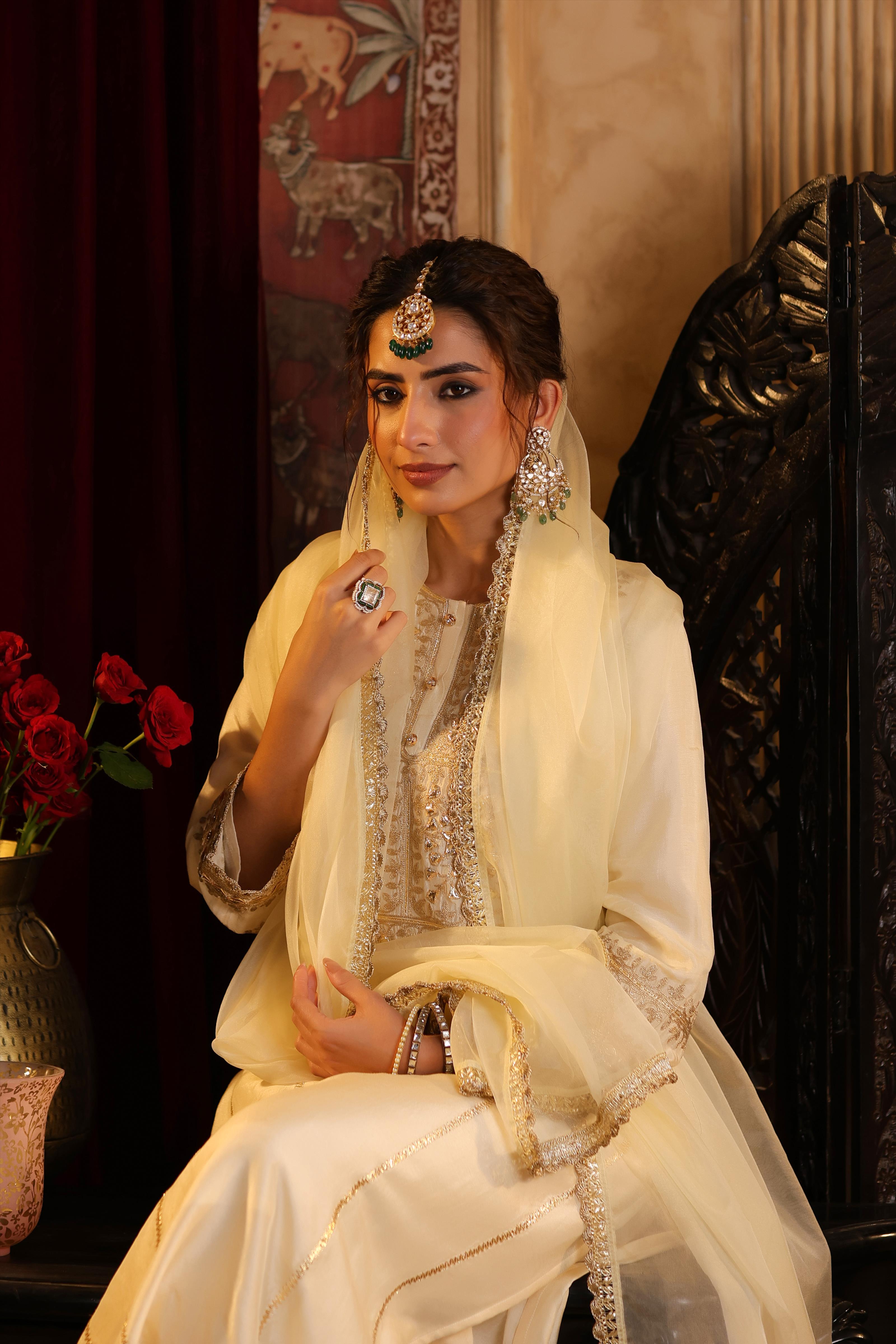 Ivory Dupion Silk Gota-Dori Embroidered Suit Set