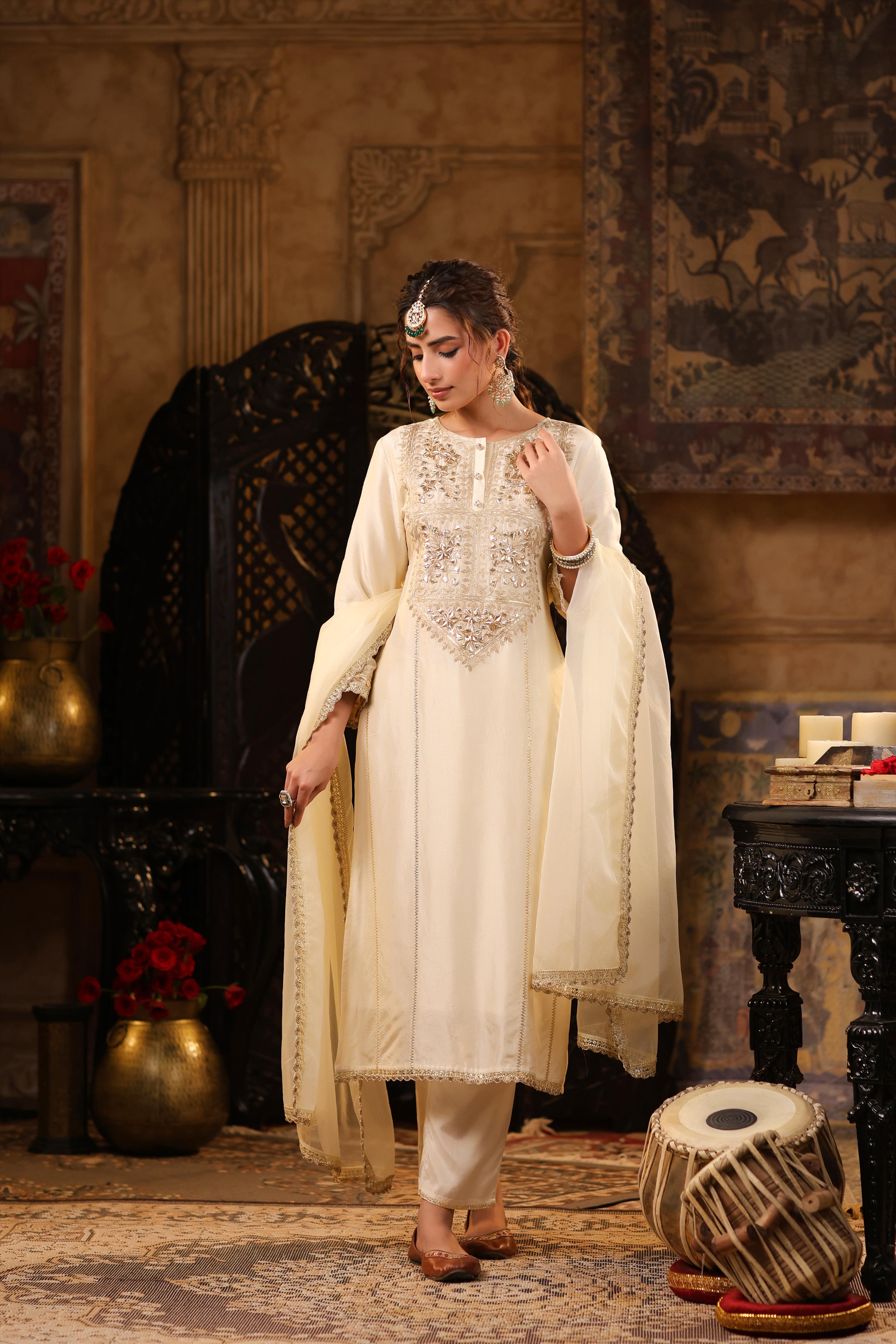 Ivory Dupion Silk Gota-Dori Embroidered Suit Set