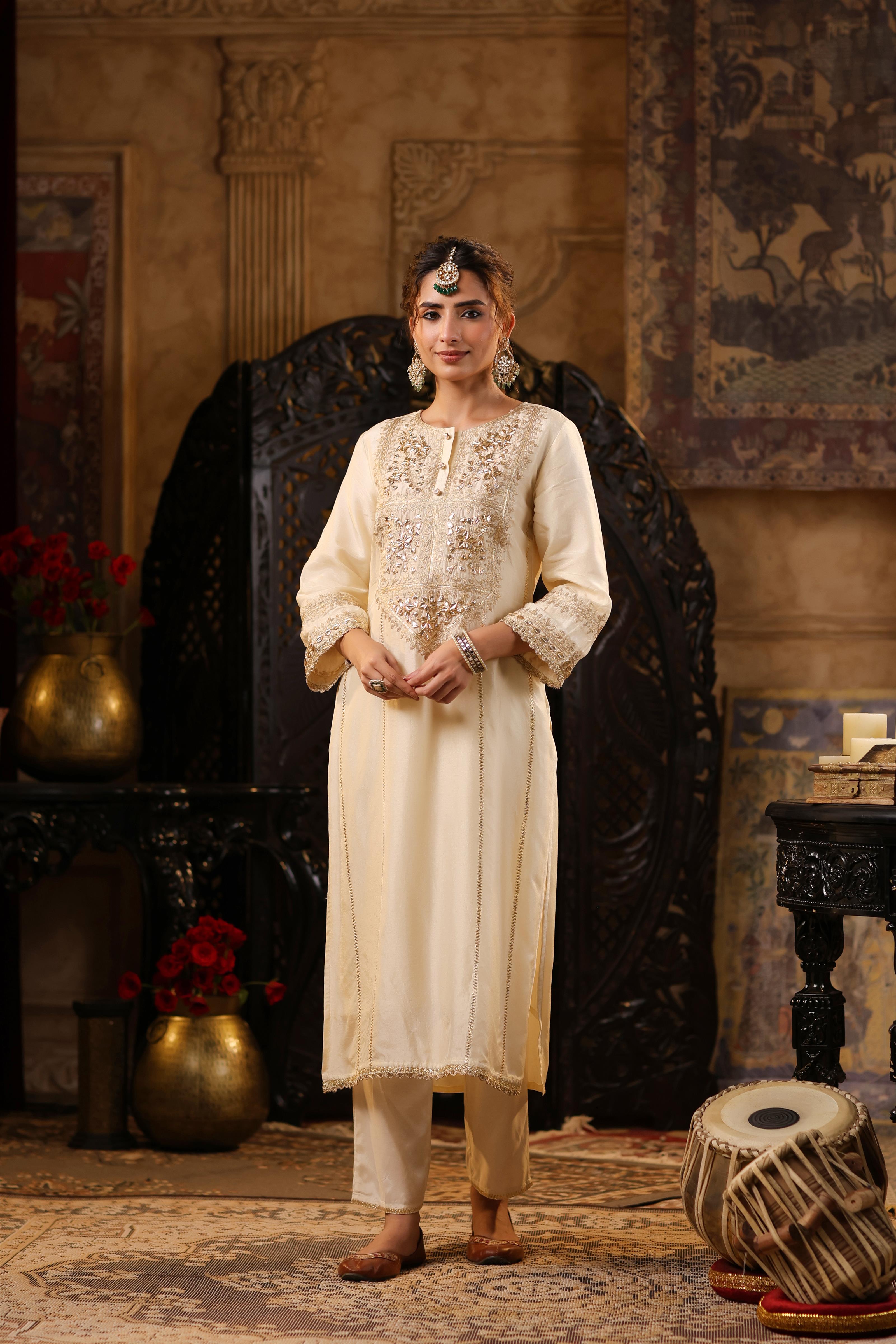 Ivory Dupion Silk Gota-Dori Embroidered Suit Set