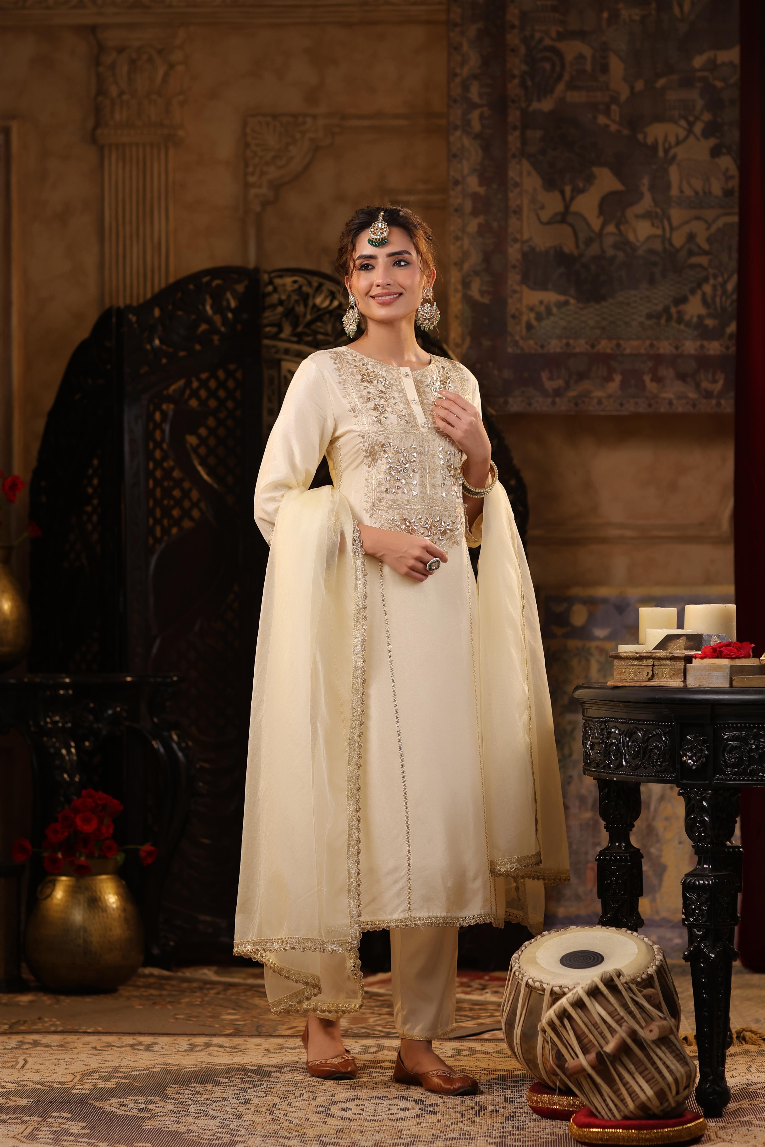 Ivory Dupion Silk Gota-Dori Embroidered Suit Set