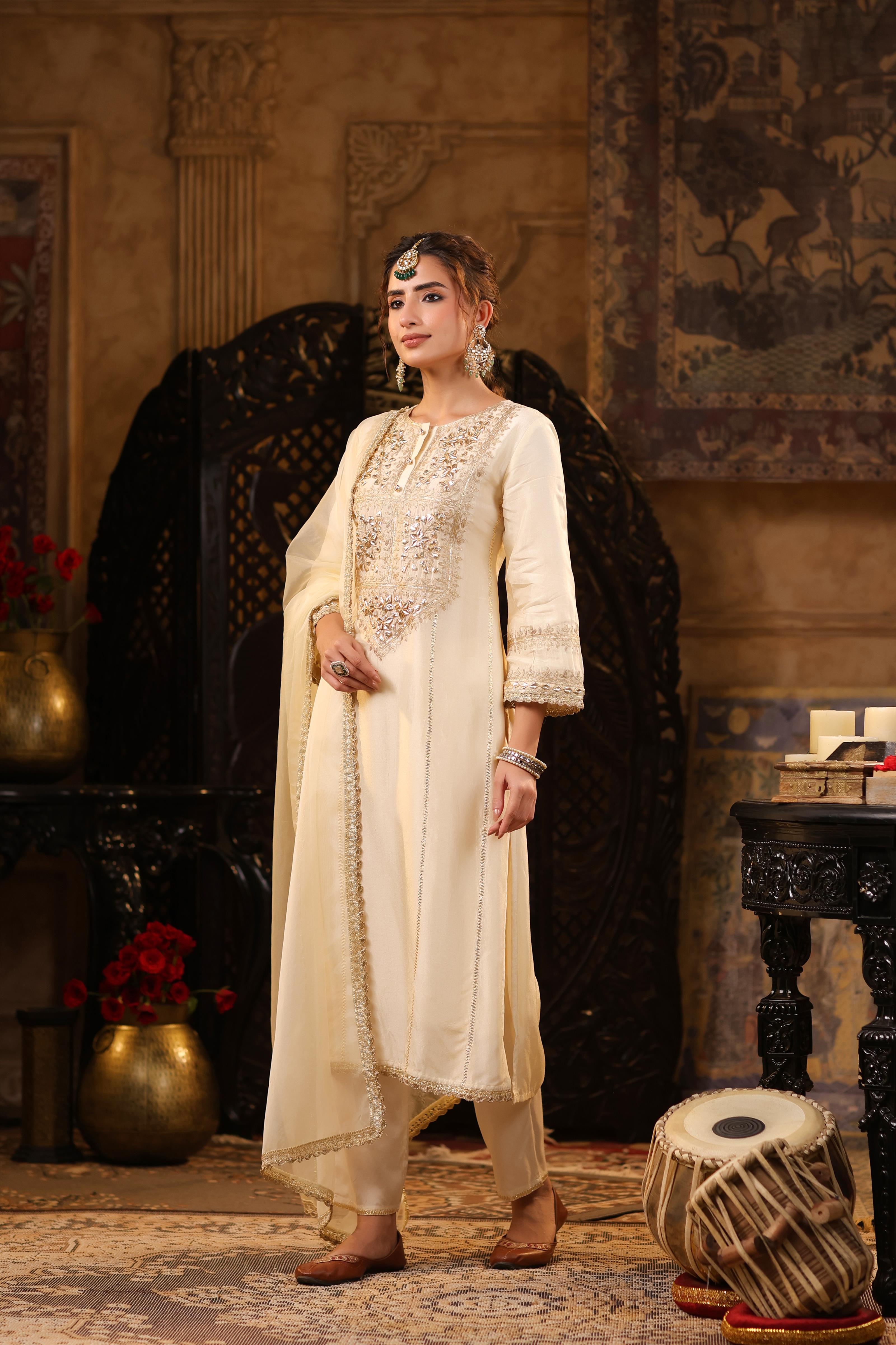 Ivory Dupion Silk Gota-Dori Embroidered Suit Set