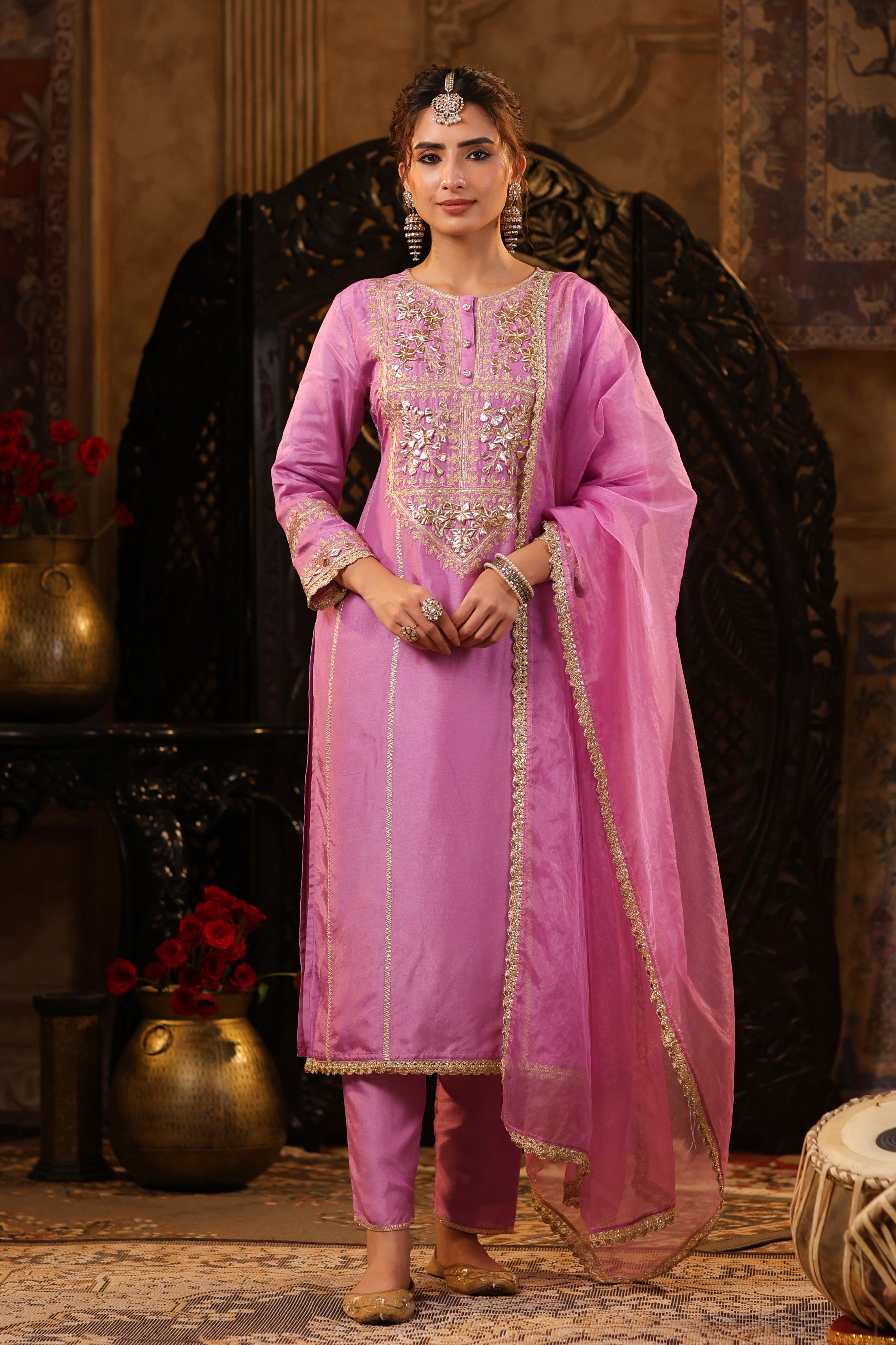 Mauve Dupion Silk Gota-Dori Embroidered Suit Set