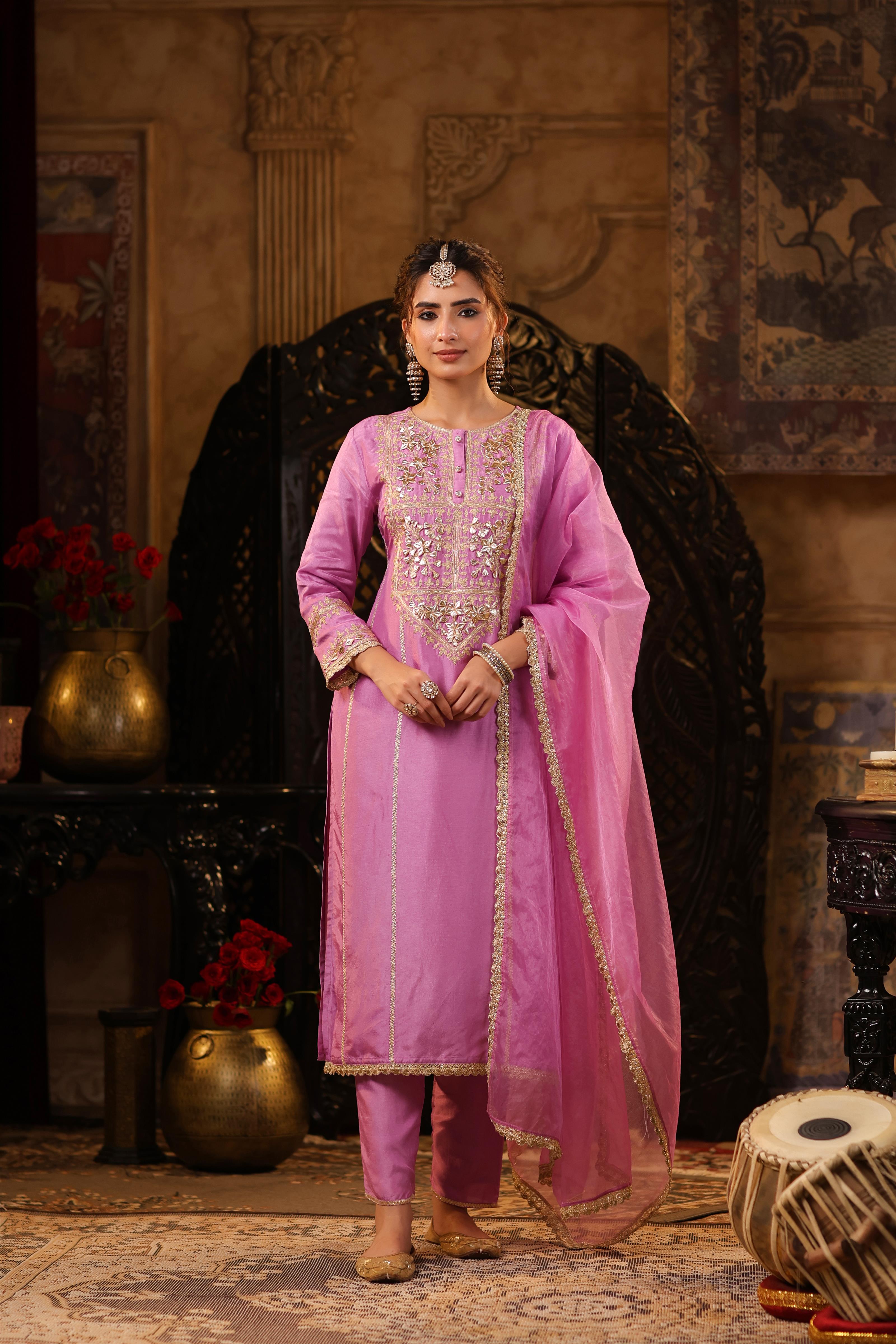 Mauve Dupion Silk Gota-Dori Embroidered Suit Set