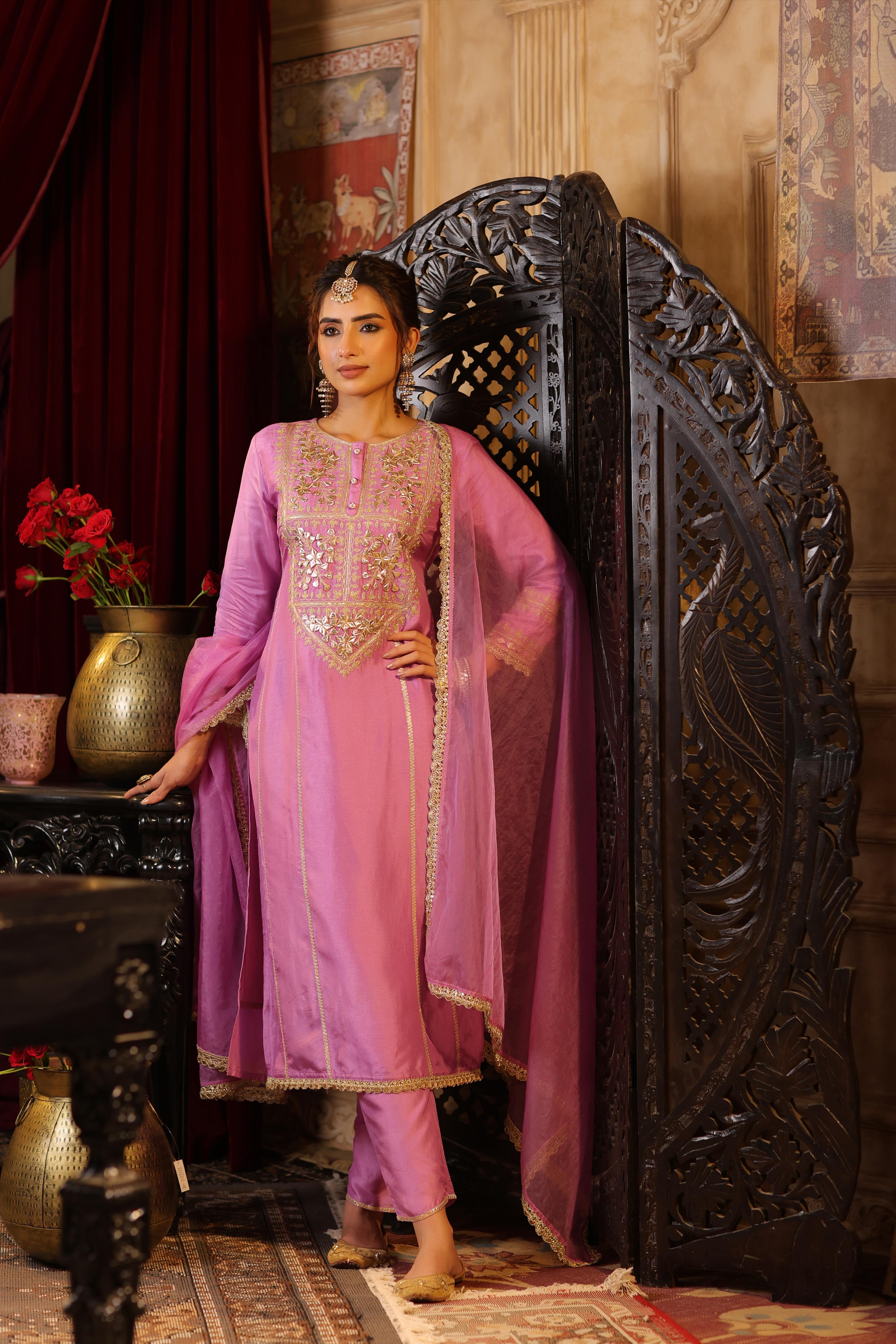 Mauve Dupion Silk Gota-Dori Embroidered Suit Set