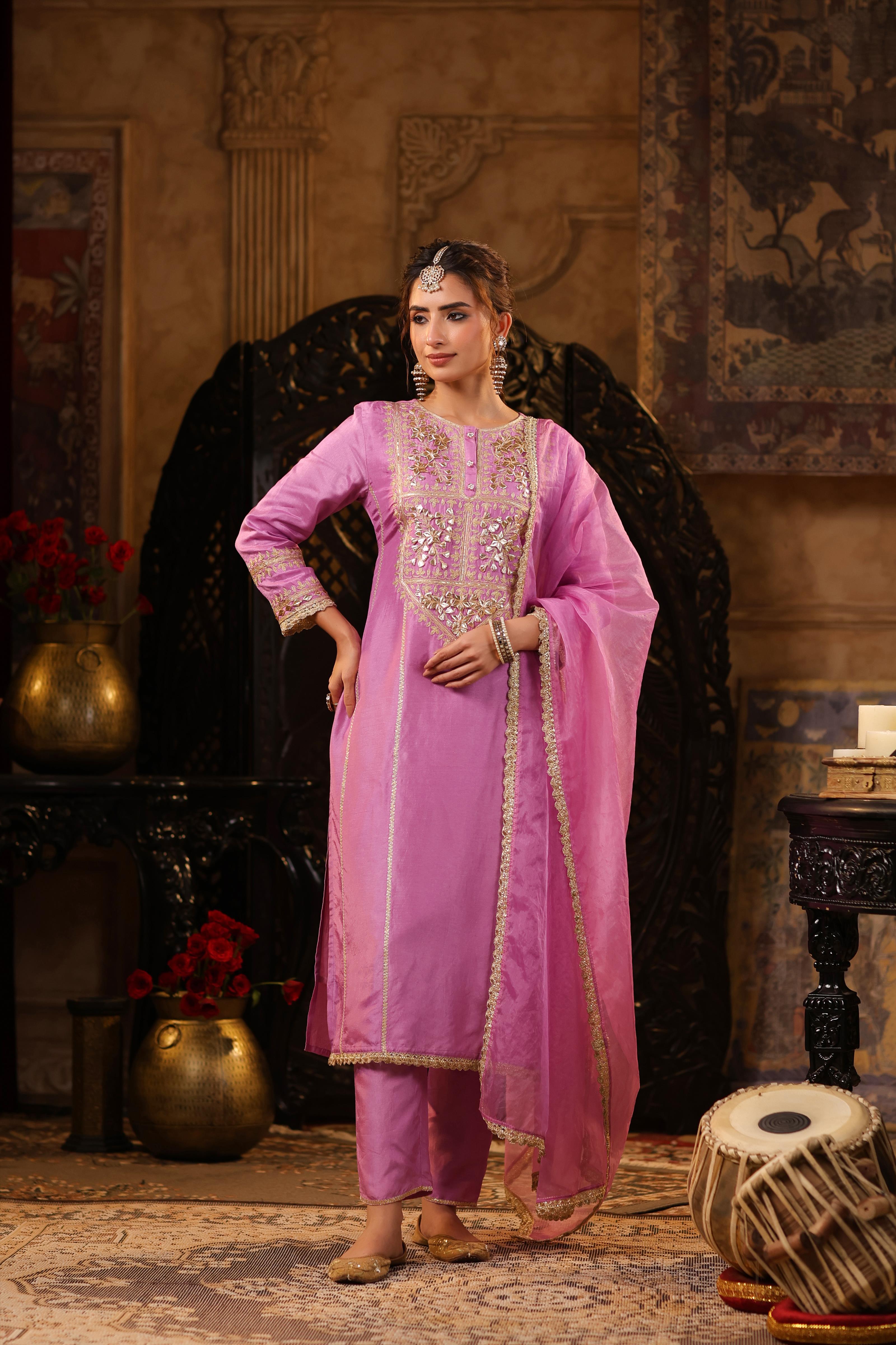 Mauve Dupion Silk Gota-Dori Embroidered Suit Set