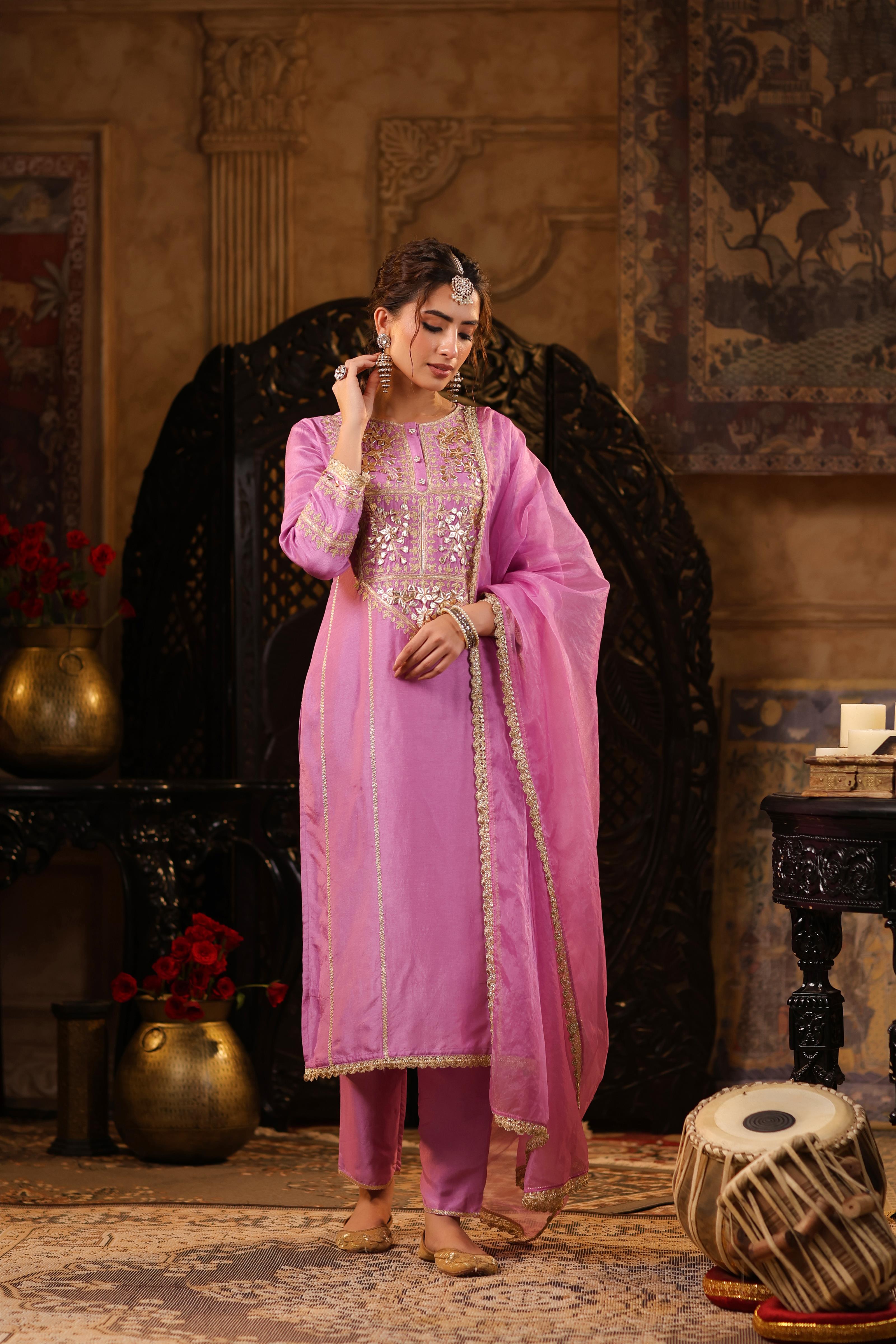 Mauve Dupion Silk Gota-Dori Embroidered Suit Set