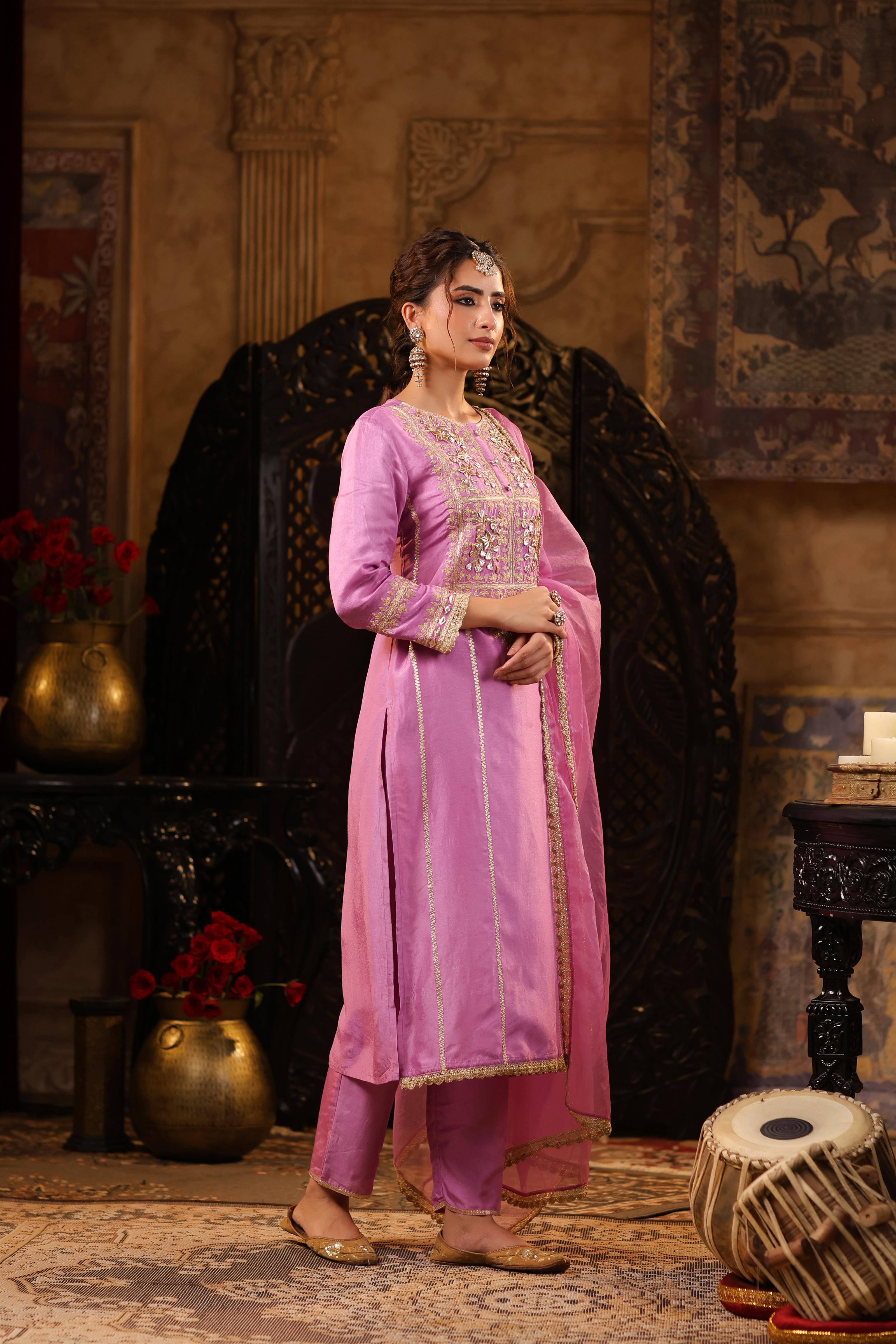 Mauve Dupion Silk Gota-Dori Embroidered Suit Set