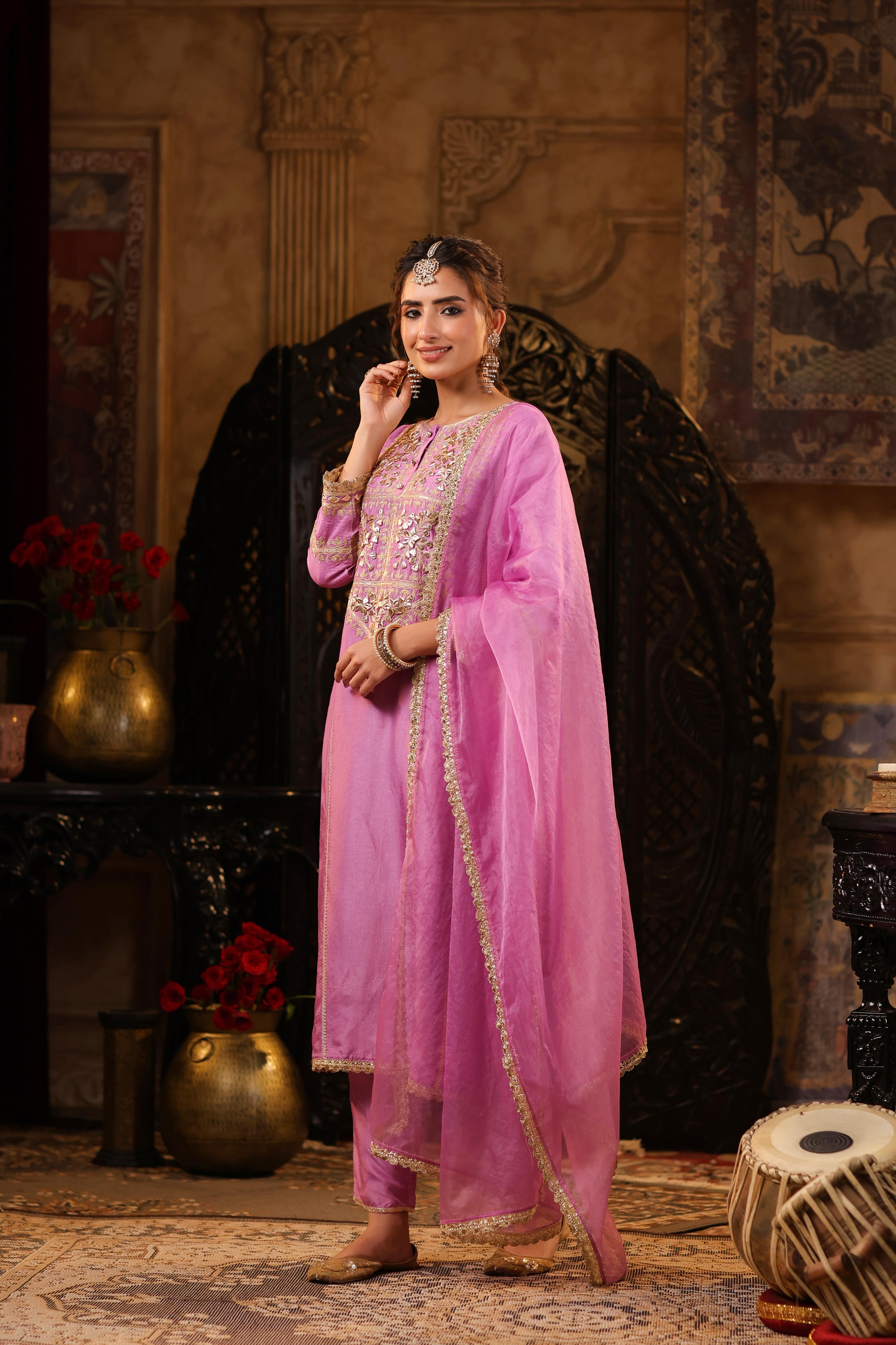 Mauve Dupion Silk Gota-Dori Embroidered Suit Set