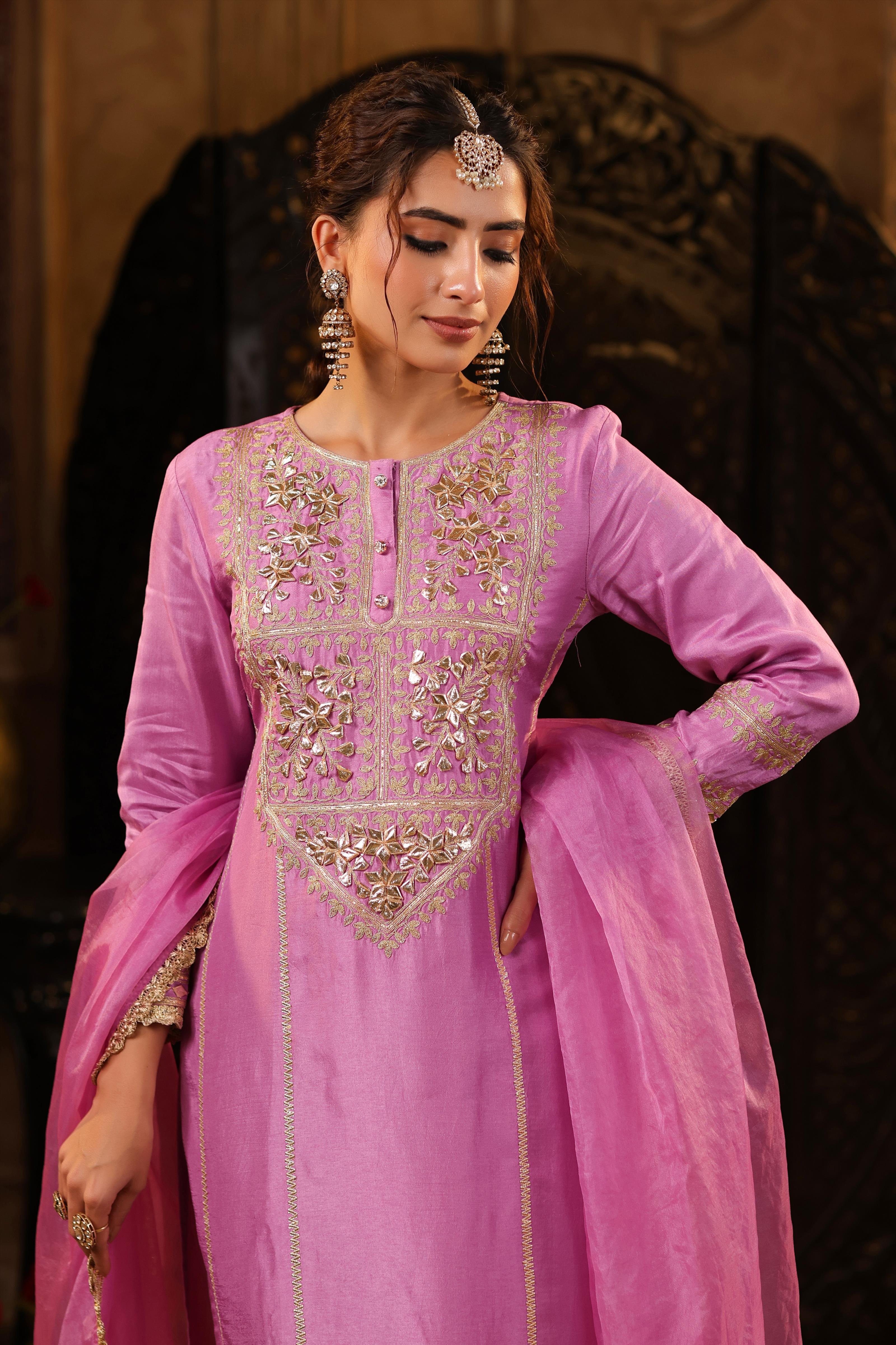 Mauve Dupion Silk Gota-Dori Embroidered Suit Set