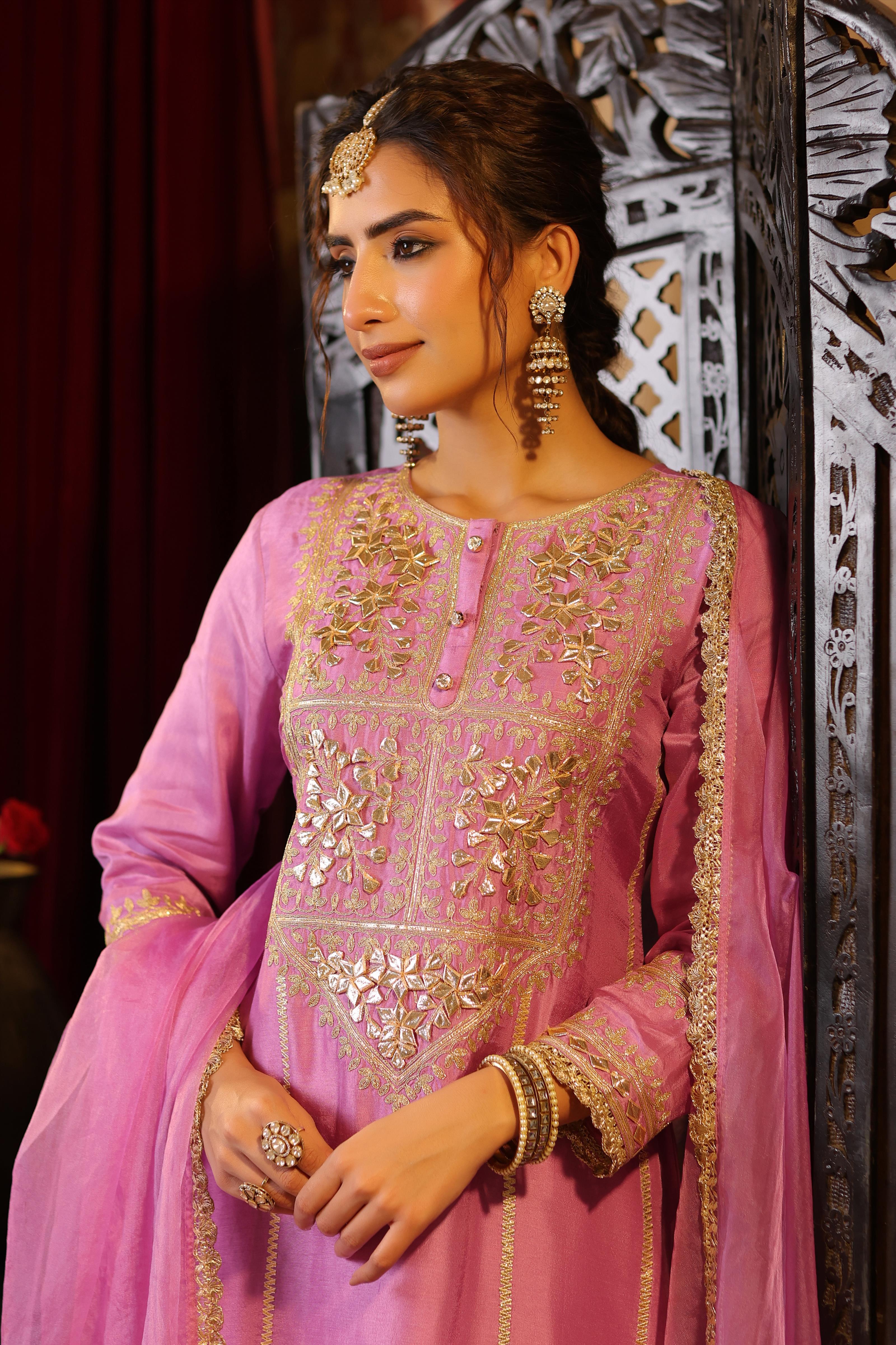 Mauve Dupion Silk Gota-Dori Embroidered Suit Set