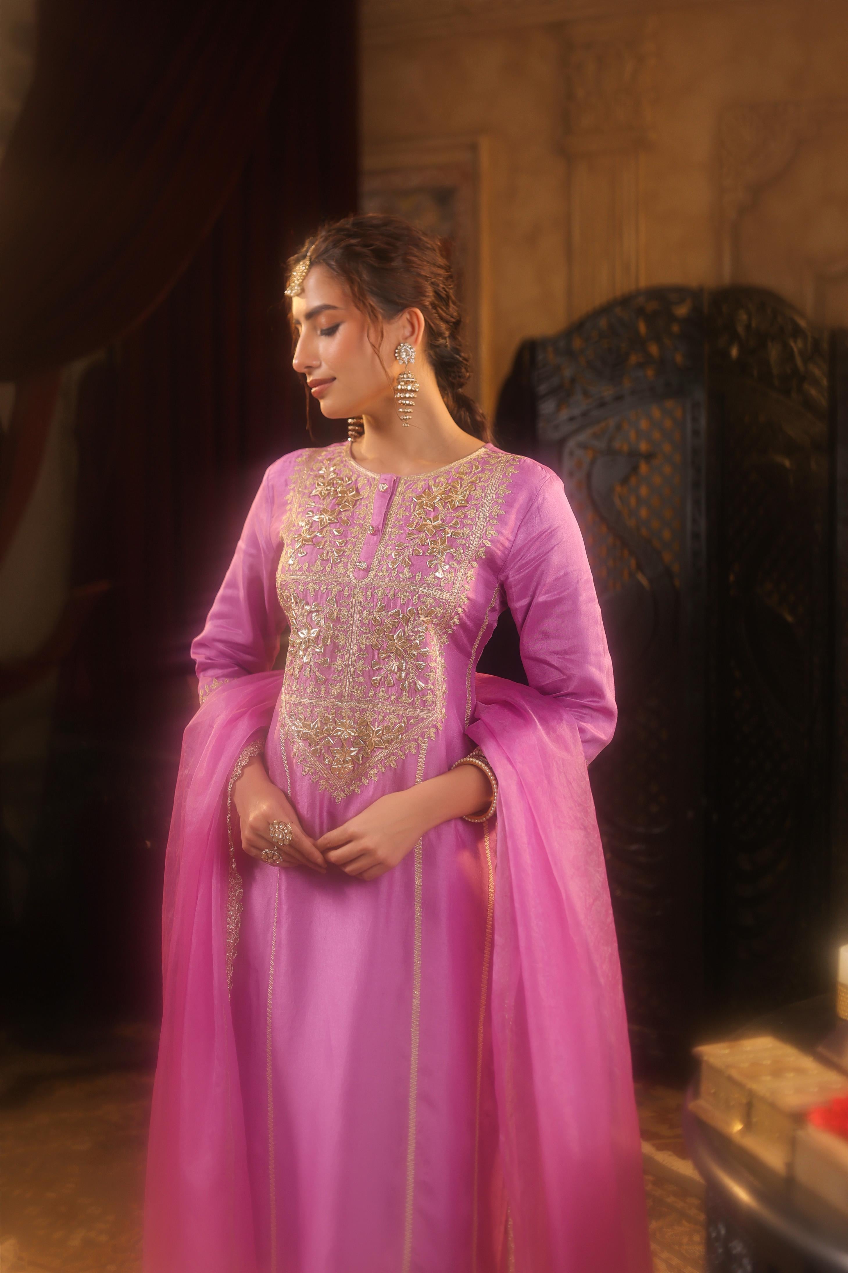 Mauve Dupion Silk Gota-Dori Embroidered Suit Set