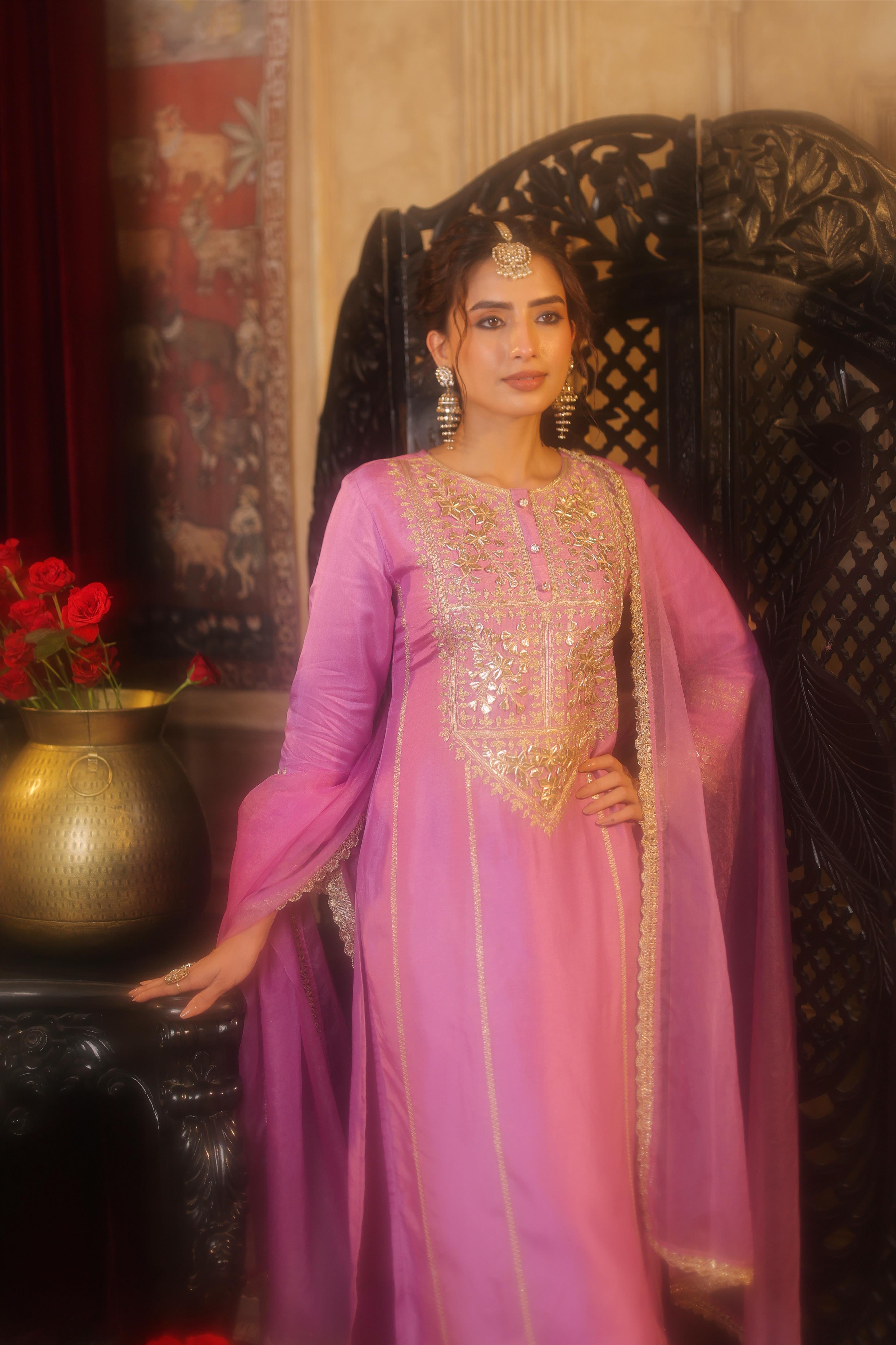 Mauve Dupion Silk Gota-Dori Embroidered Suit Set