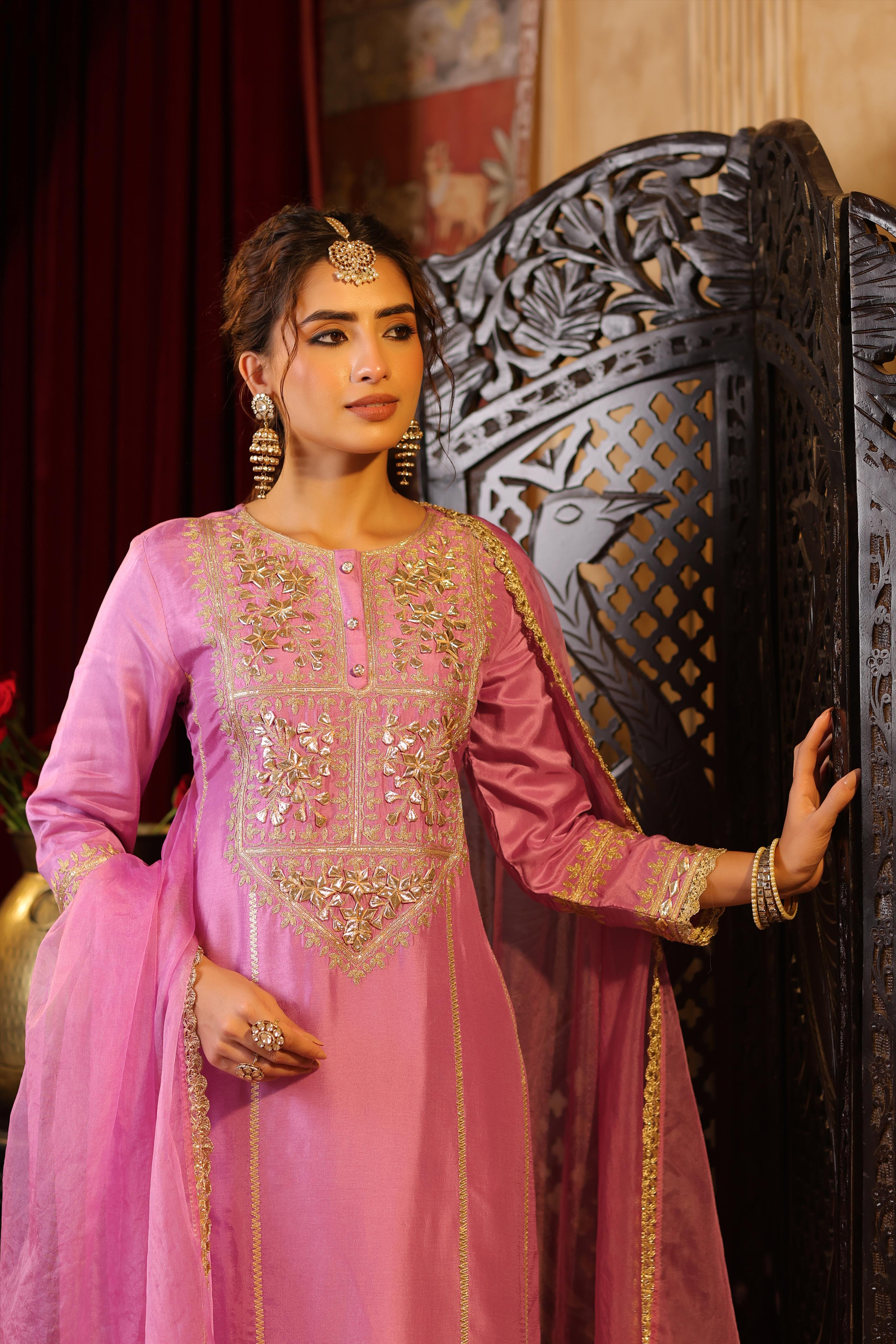 Mauve Dupion Silk Gota-Dori Embroidered Suit Set