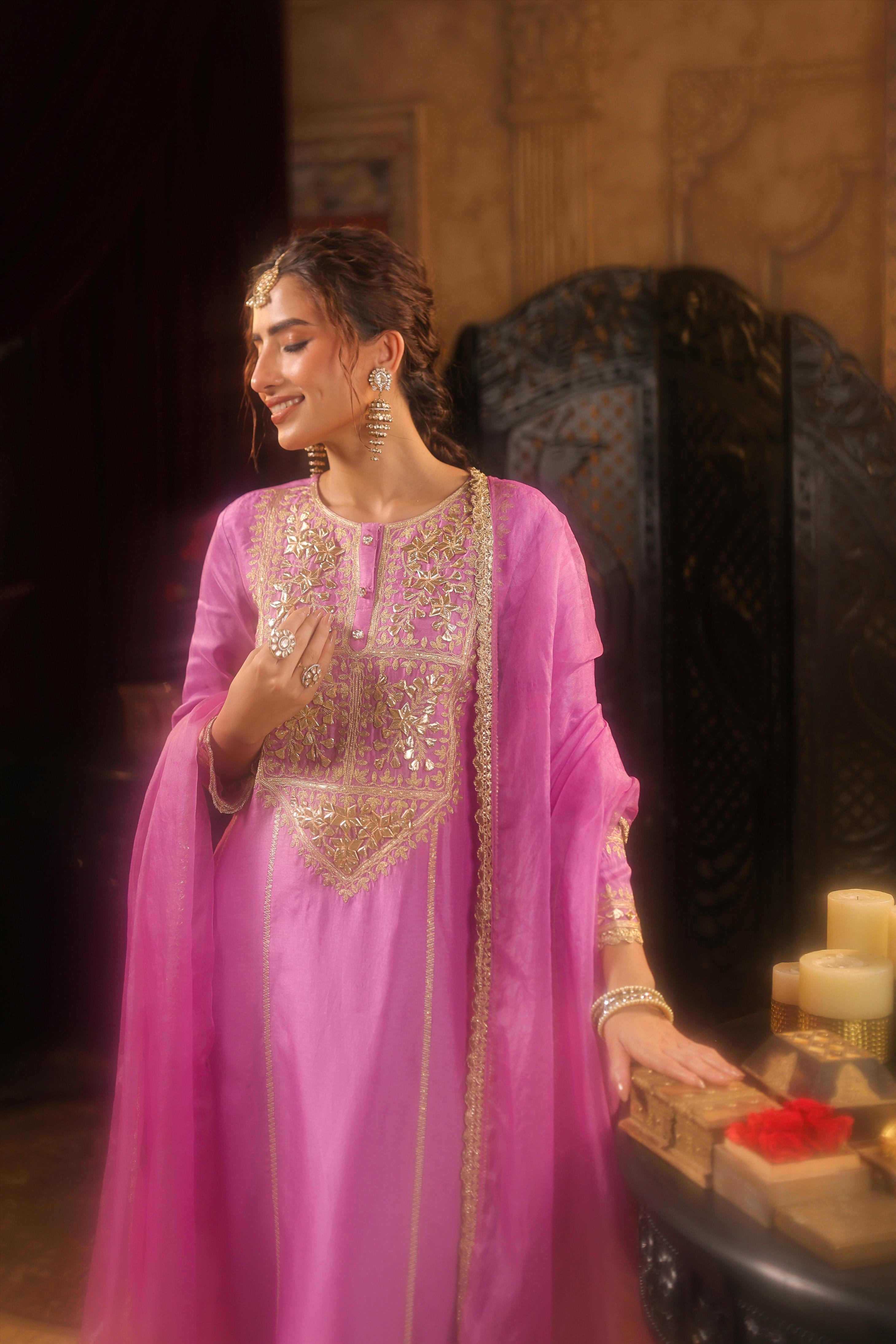 Mauve Dupion Silk Gota-Dori Embroidered Suit Set